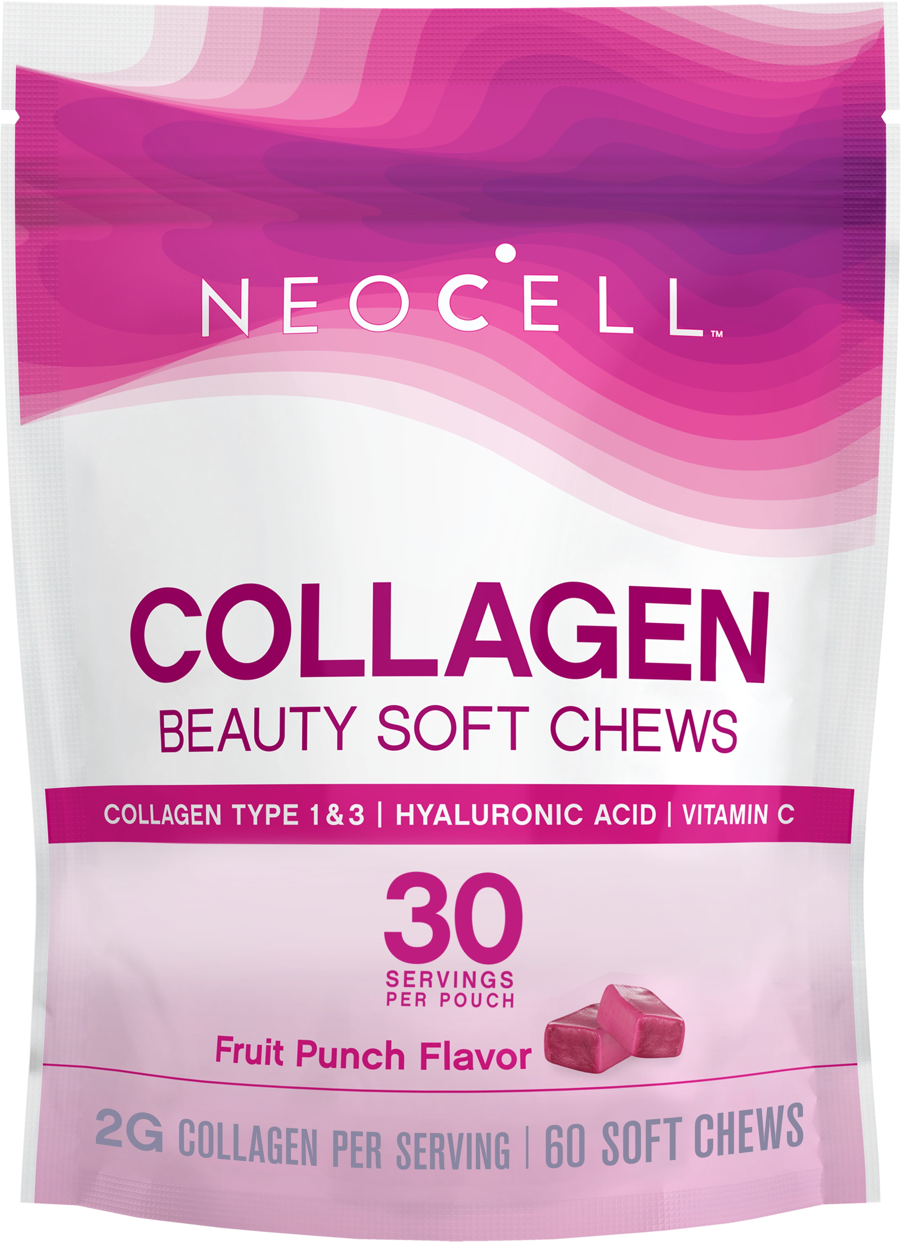 NeoCell Beauty Bursts Collagen Soft Chews 60 Count Fruit Punch 2000mg Collagen Types