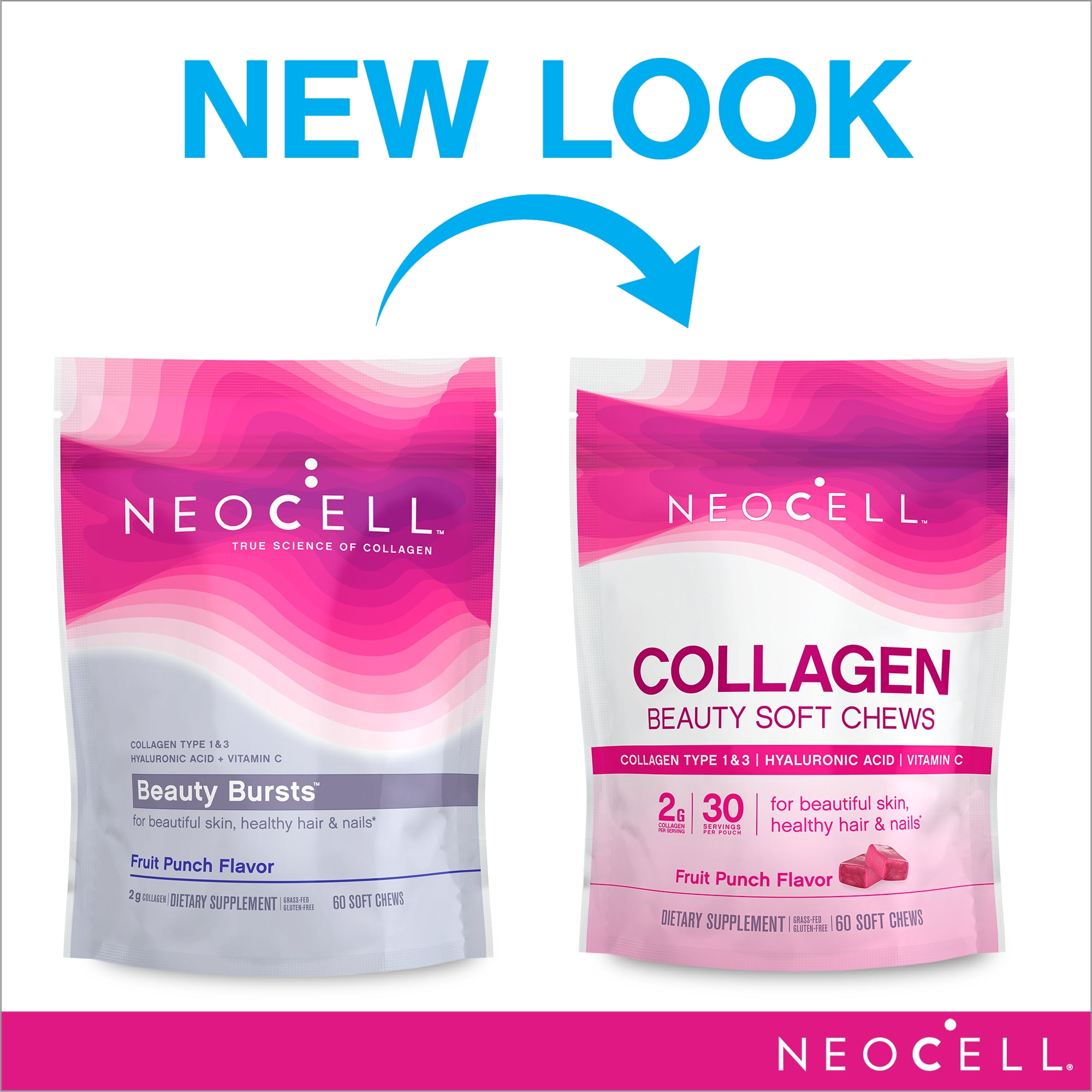 NeoCell Beauty Bursts Collagen Soft Chews 60 Count Fruit Punch 2000mg Collagen Types