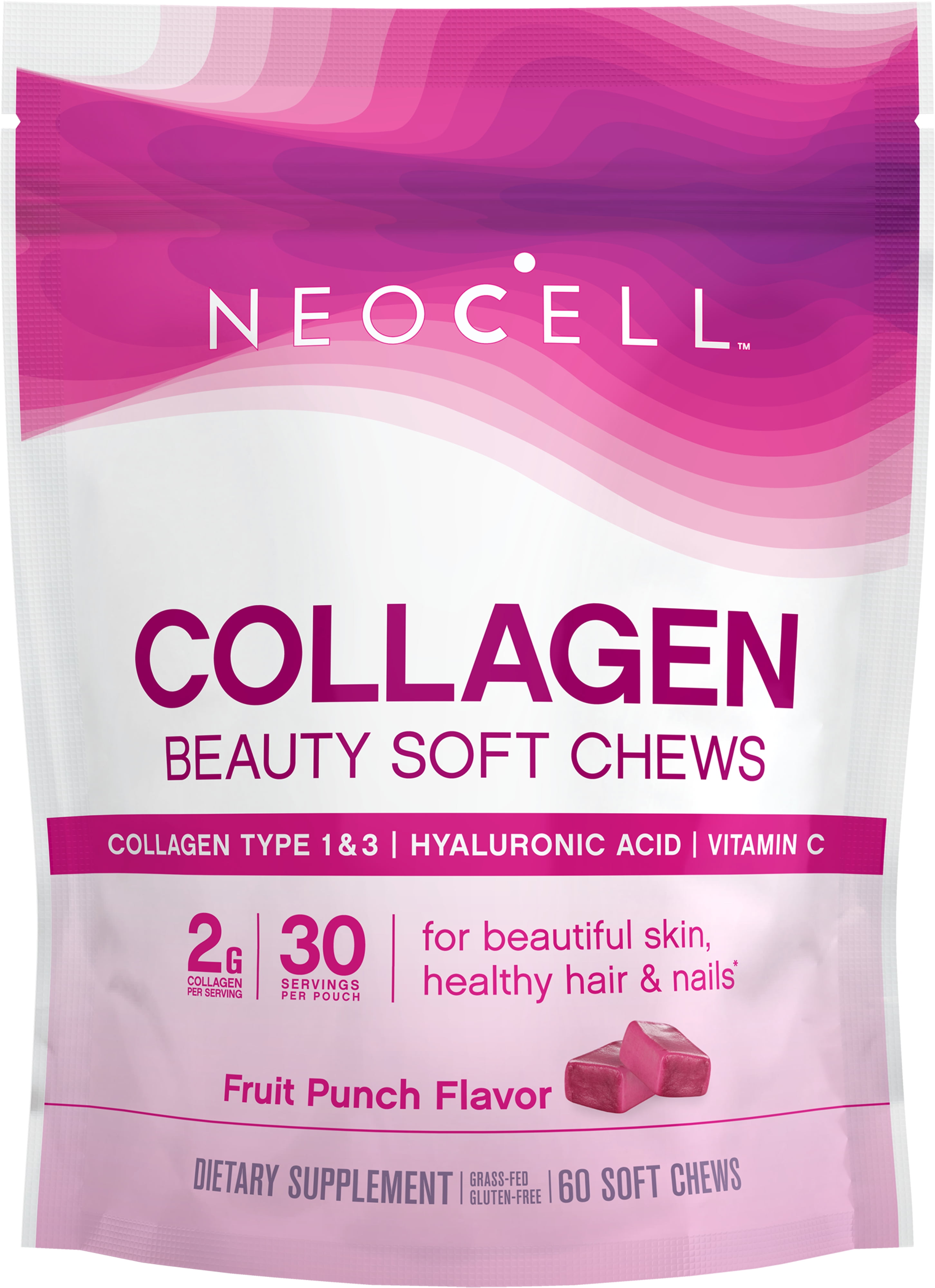 NeoCell Beauty Bursts Collagen Soft Chews 60 Count Fruit Punch 2000mg Collagen Types