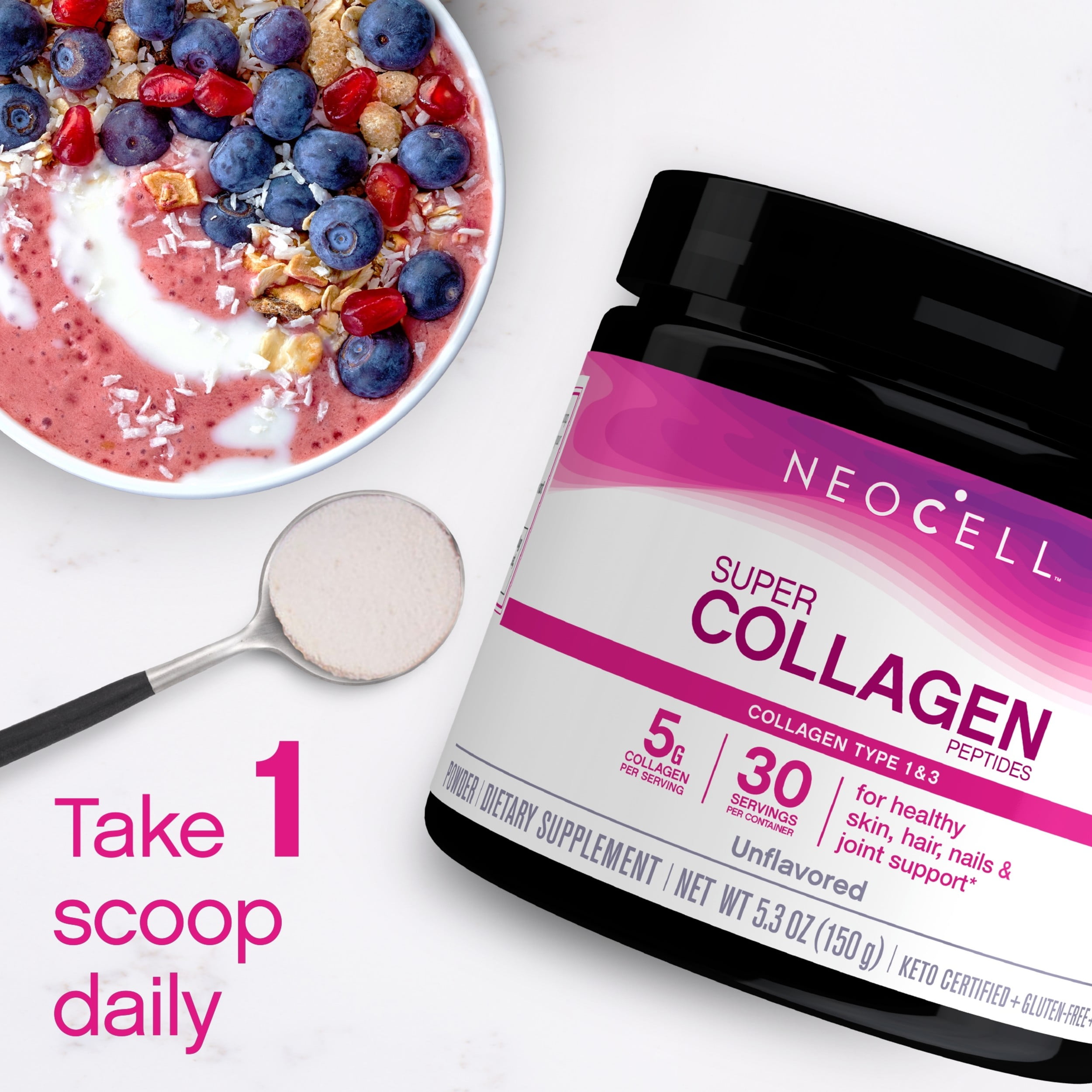 NeoCell Super Collagen Peptides Grass-Fed Types 1 3 Unflavored 5.3 oz Boost collagen for radiant skin, hair, nails.