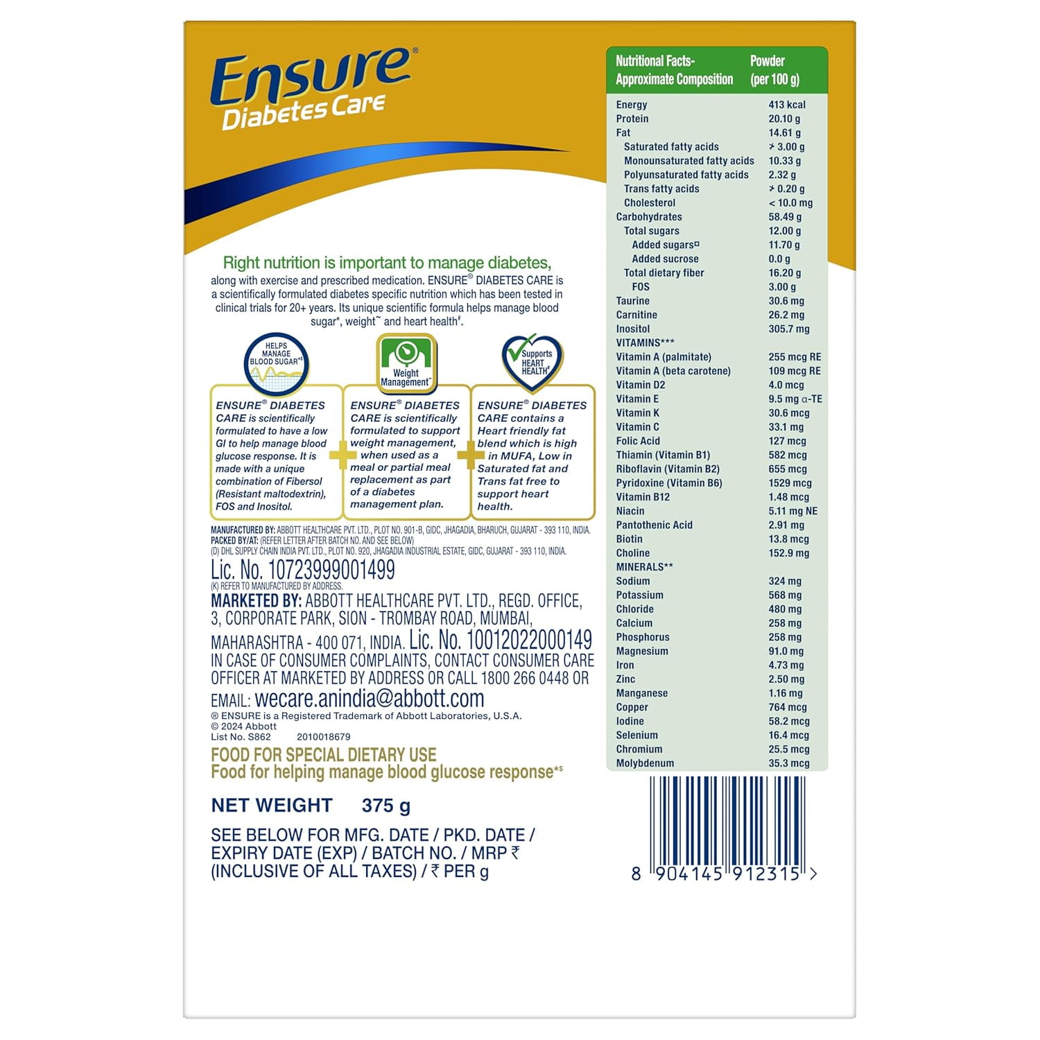 Ensure Diabetes Care Chocolate Flavour 400g - Blood Sugar