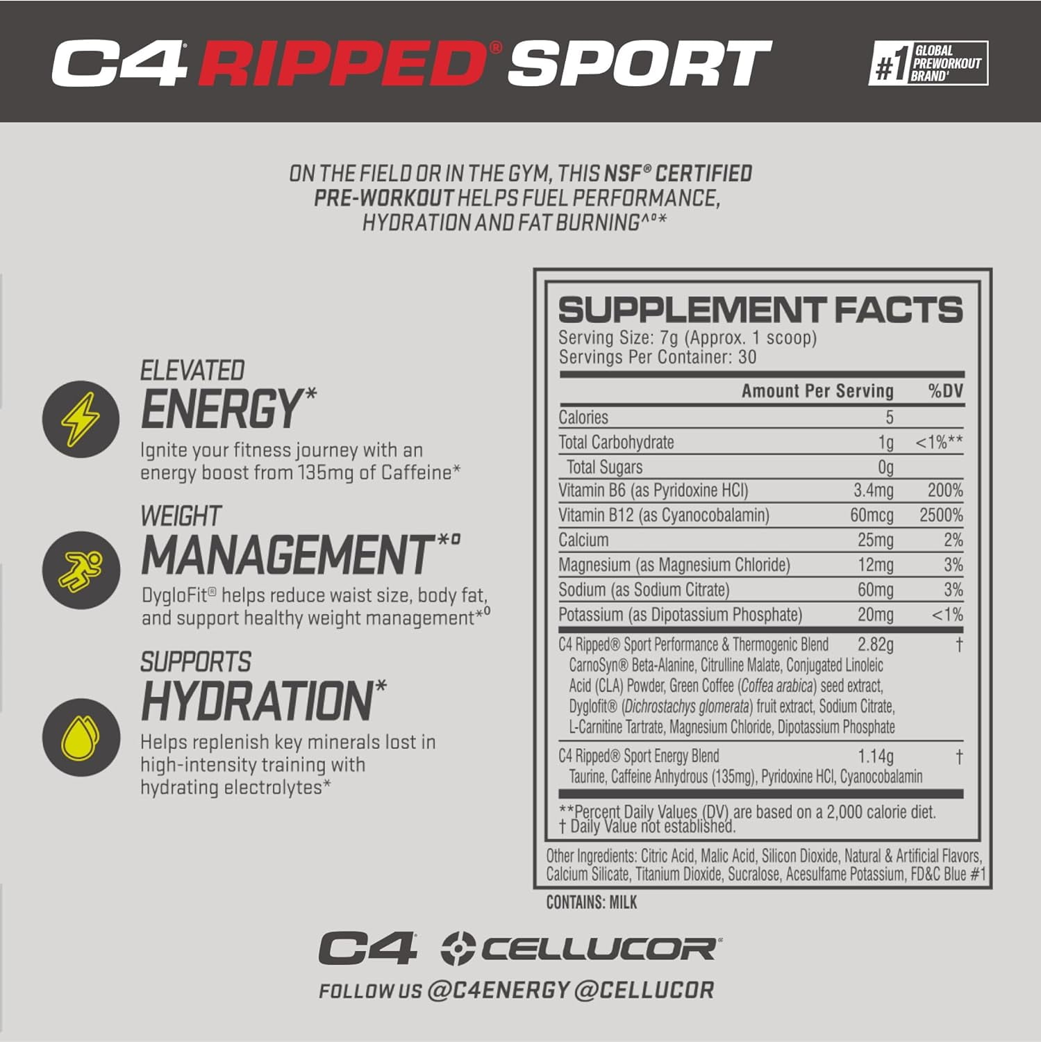 Cellucor C4 Ripped Sport Pre Workout Powder Arctic Snow Cone 30 Servings