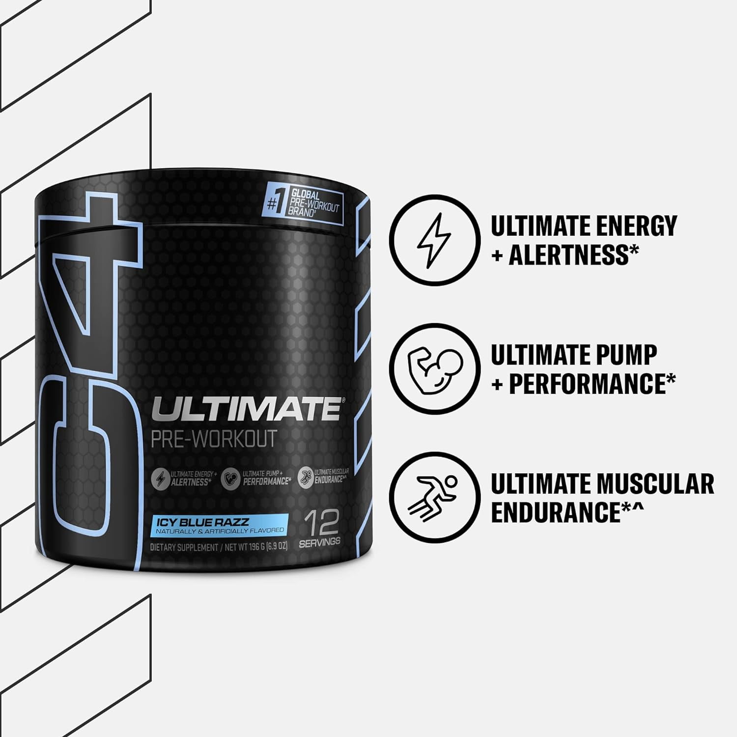 Cellucor C4 Ultimate Pre Workout Powder Icy Blue Raz Sugar Free Energy Supplement Men Women 300mg Caffeine 3.2g Beta Alanine 2 Patented Creatines 12 Servings