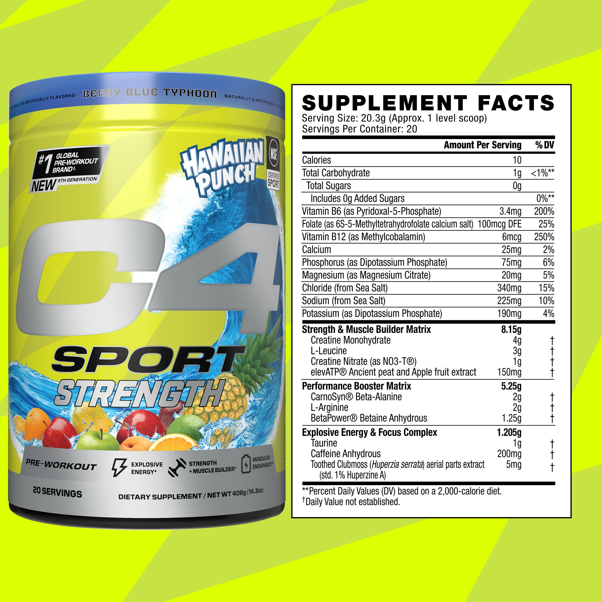 Cellucor C4 Sport Strength Pre-Workout Powder Hawaiian Punch Berry Blue Typhoon 60 Servings