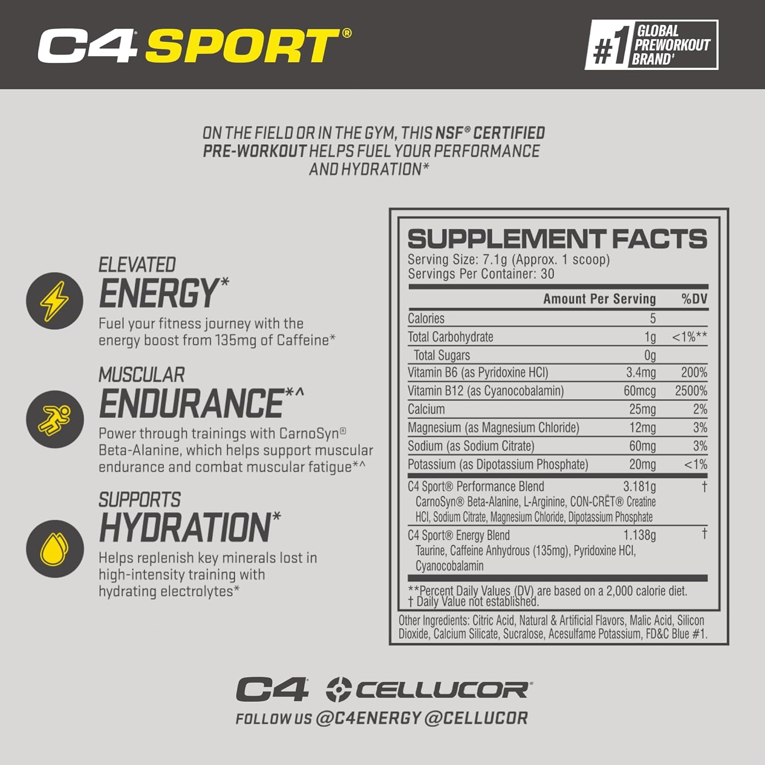 Cellucor C4 Sport Pre Workout Powder NSF Certified for Sport Blue Raspberry Flavor 30 Servings