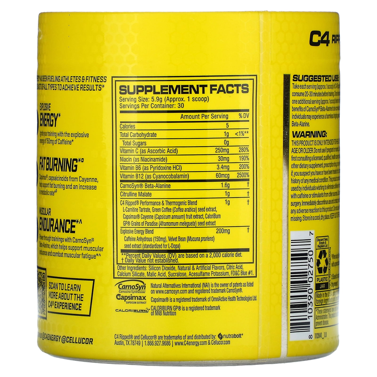 Cellucor C4 Ripped Icy Blue Razz Pre Workout Powder 30 Servings