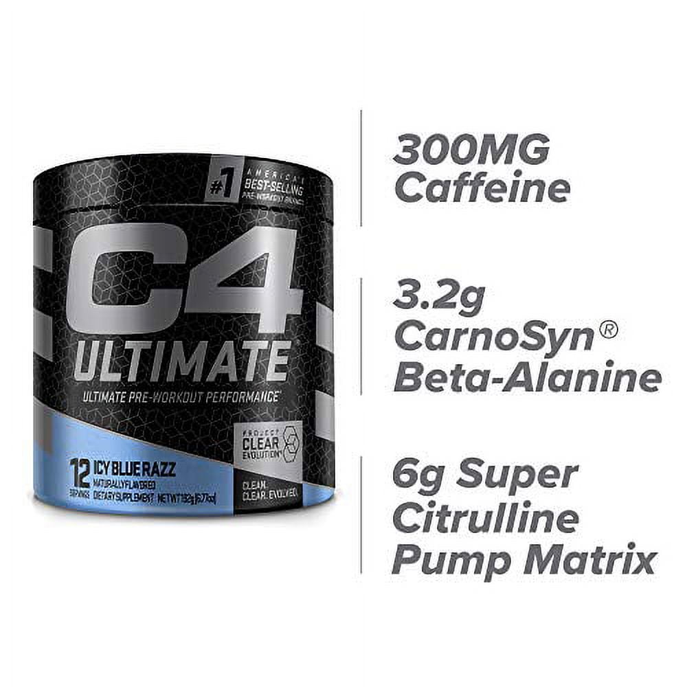 Cellucor C4 Ultimate Pre Workout Powder Icy Blue Razz Sugar Free Energy Supplement 300mg Caffeine 3.2g Beta Alanine 2 Patented Creatines 12 Servings 6.7726 oz