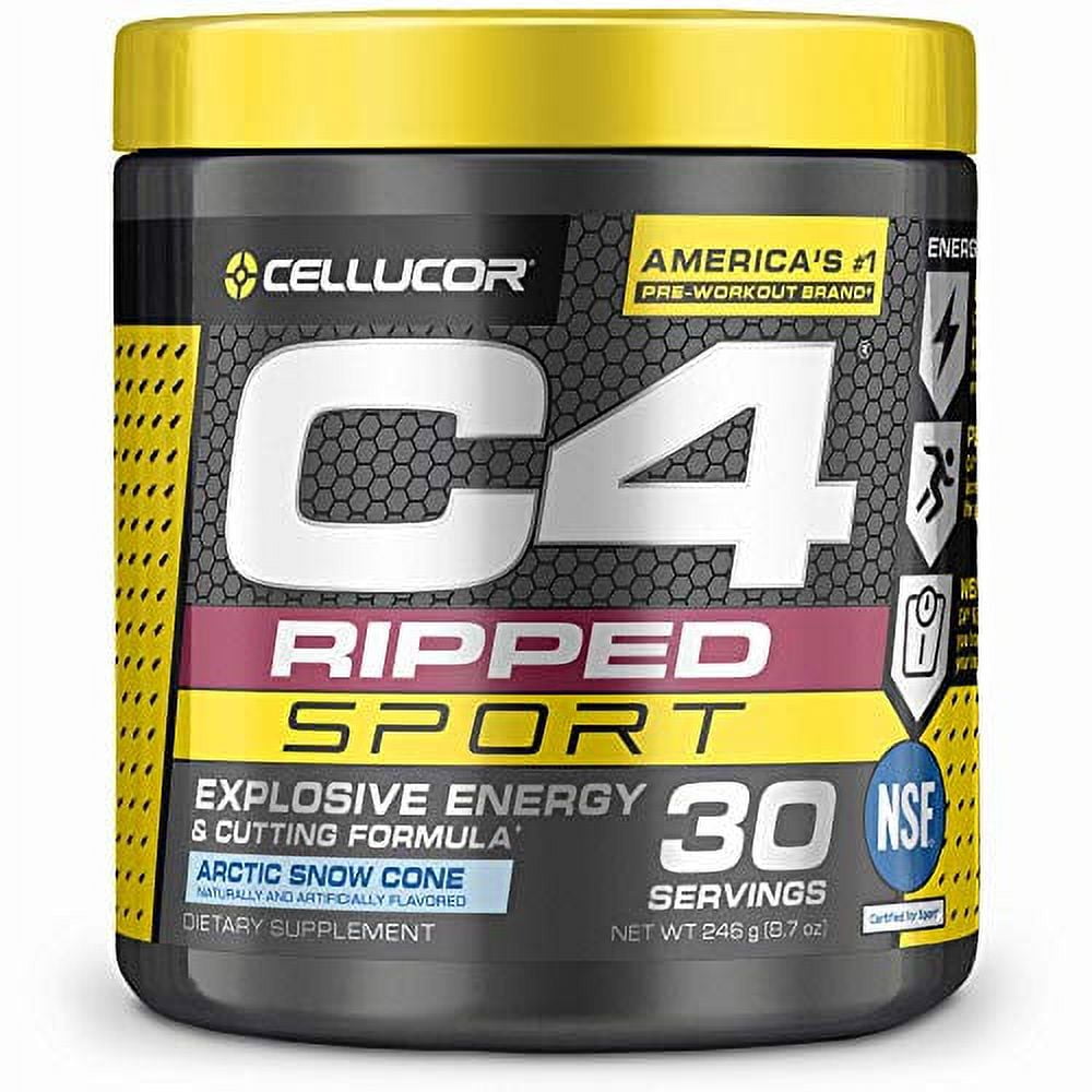 Cellucor C4 Ripped Sport Pre Workout Powder Arctic Snow Cone NSF Certified Sugar Free - Energy Supplement Men Women Caffeine Weight Loss - 30 Servings