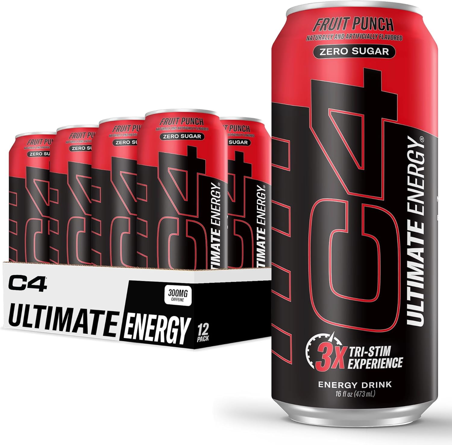Cellucor C4 Ultimate Pre Workout Sugar Free Energy Drink Tri-Stim 300mg Caffeine TeaCrine Dynamine Fruit Punch 16oz Pack of 12