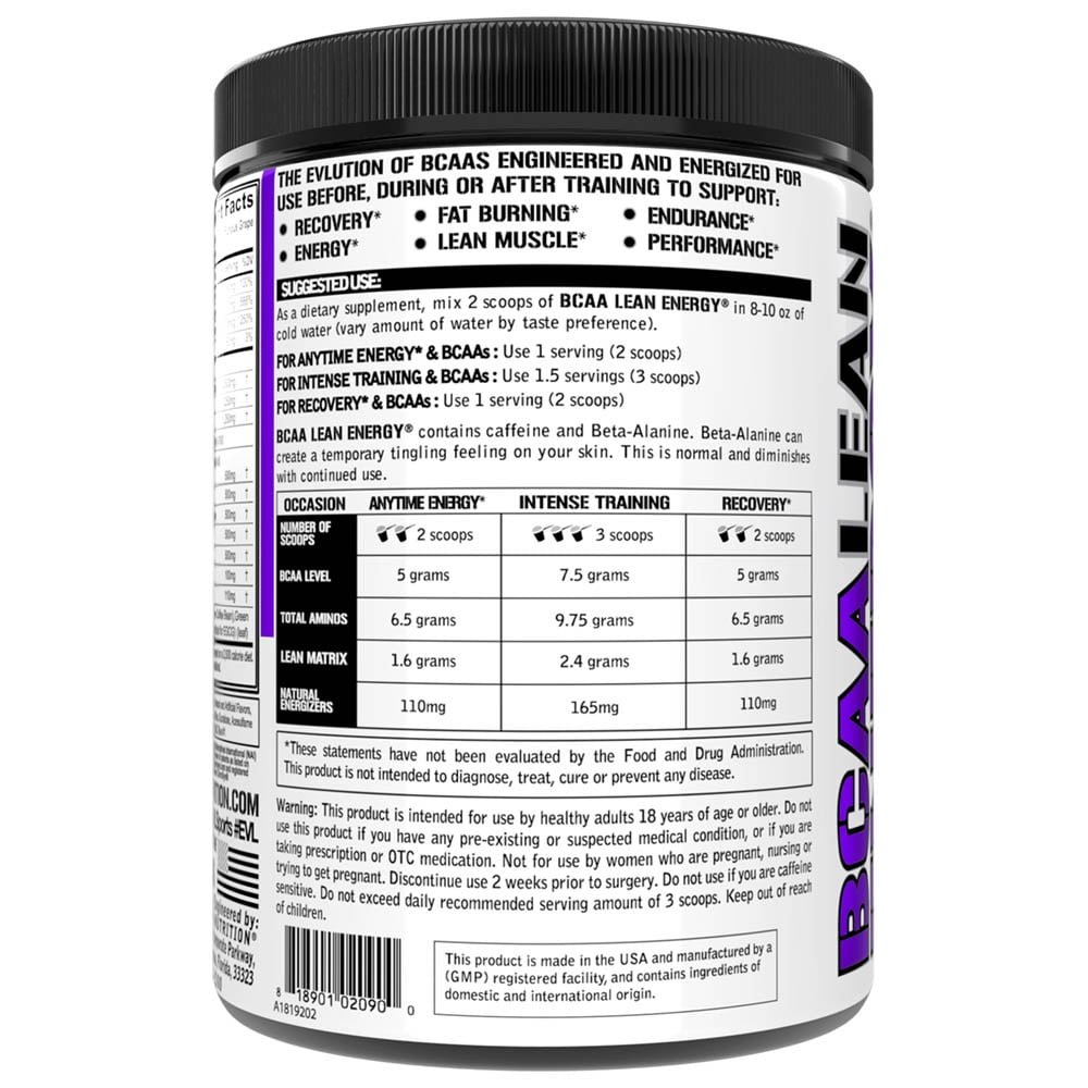 EVLUTION NUTRITION BCAA ENERGY POWDER NATURAL FAT BURNER PRE WORKOUT FOR PERFORMANCE RECOVERY EVLUTION NUTRITION BCAA LEAN ENERGY 30 SERVINGS FURIOUS GRAPE FLAVOR