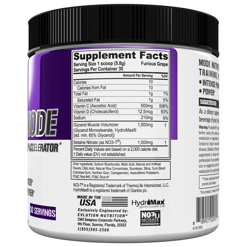 EVLUTION NUTRITION PUMP MODE NO BOOST PRE WORKOUT POWDER FURIOUS GRAPE - NITRIC OXIDE BOOSTER FOR PERFORMANCE & VASCULARITY - 30 SERVINGS