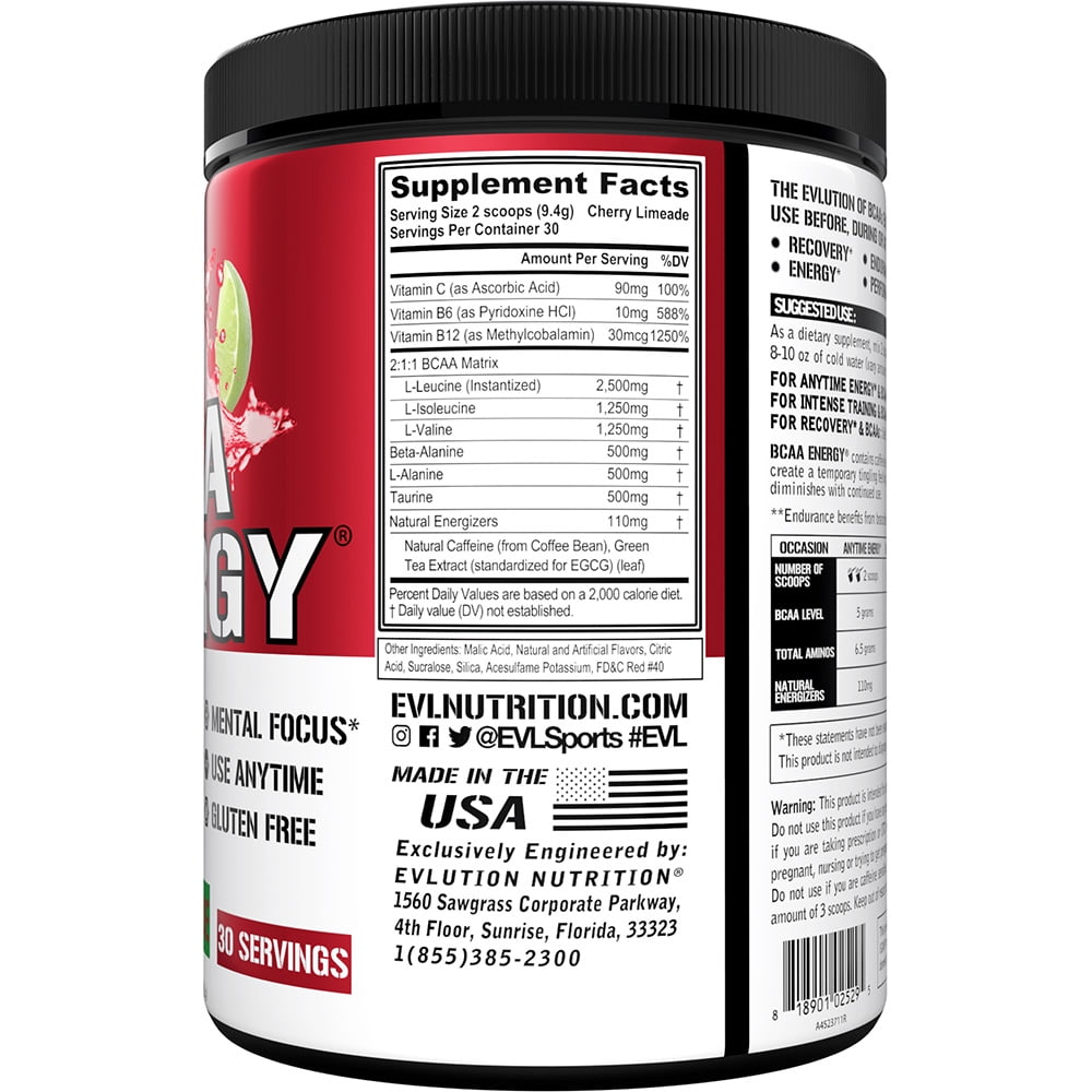 EVLUTION NUTRITION BCAA ENERGY POWDER 30 SERVINGS CHERRY LIMEADE FLAVOR - EVL BCAA AMINO ACIDS ENDURANCE & MUSCLE RECOVERY DRINK - WITH VITAMIN B12 & VITAMIN C