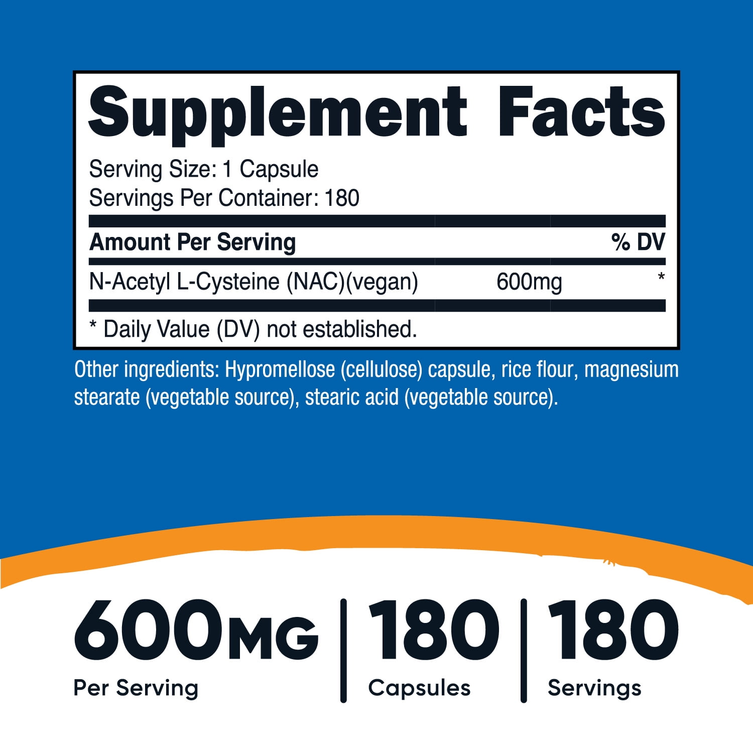 Nutricost NAC N-Acetyl L-Cysteine 600mg 180 Capsules Non-GMO Gluten Free Supplement