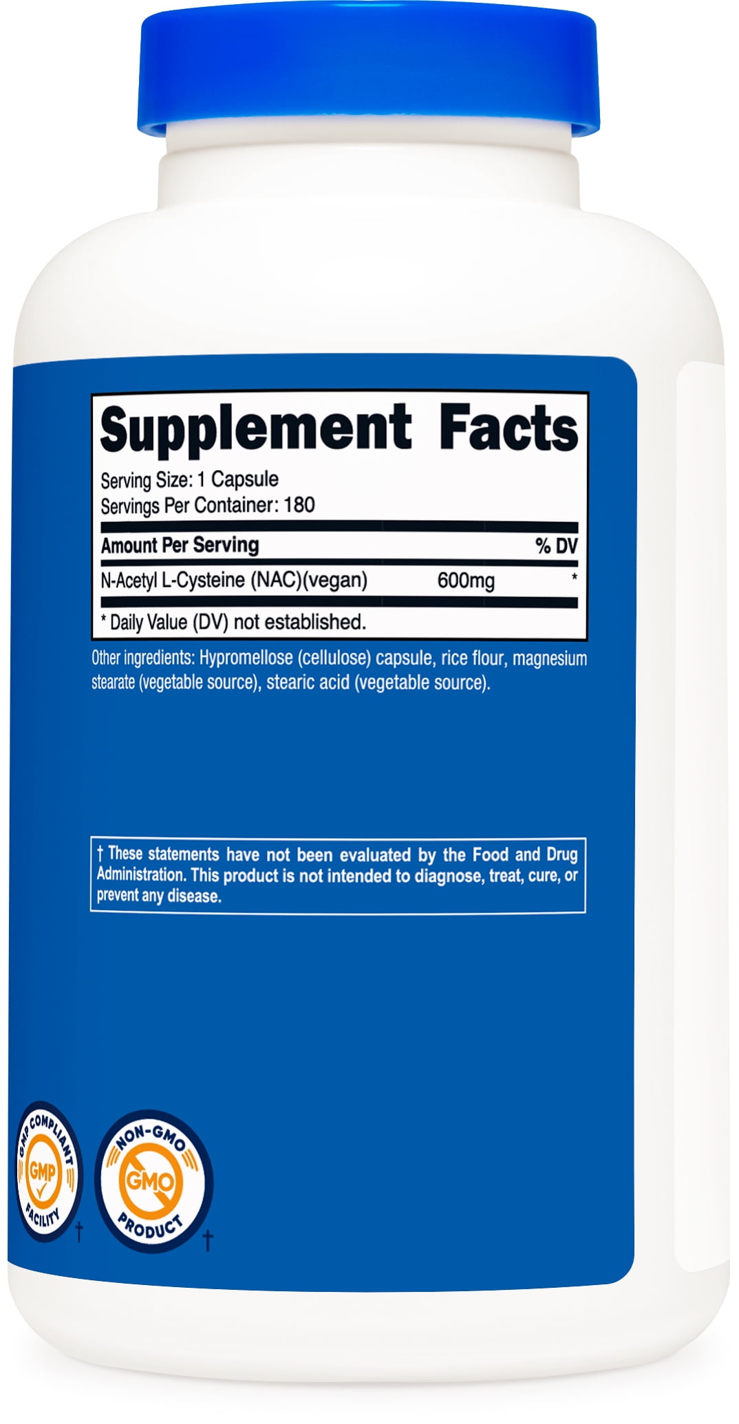 Nutricost NAC N-Acetyl L-Cysteine 600mg 180 Capsules Non-GMO Gluten Free Supplement