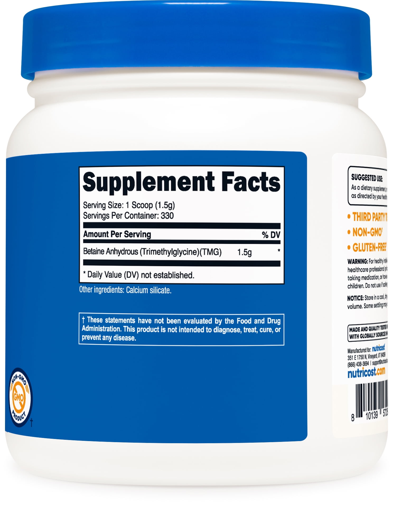 Nutricost Betaine Anhydrous Trimethylglycine Powder 500g Amino Acid Supplement