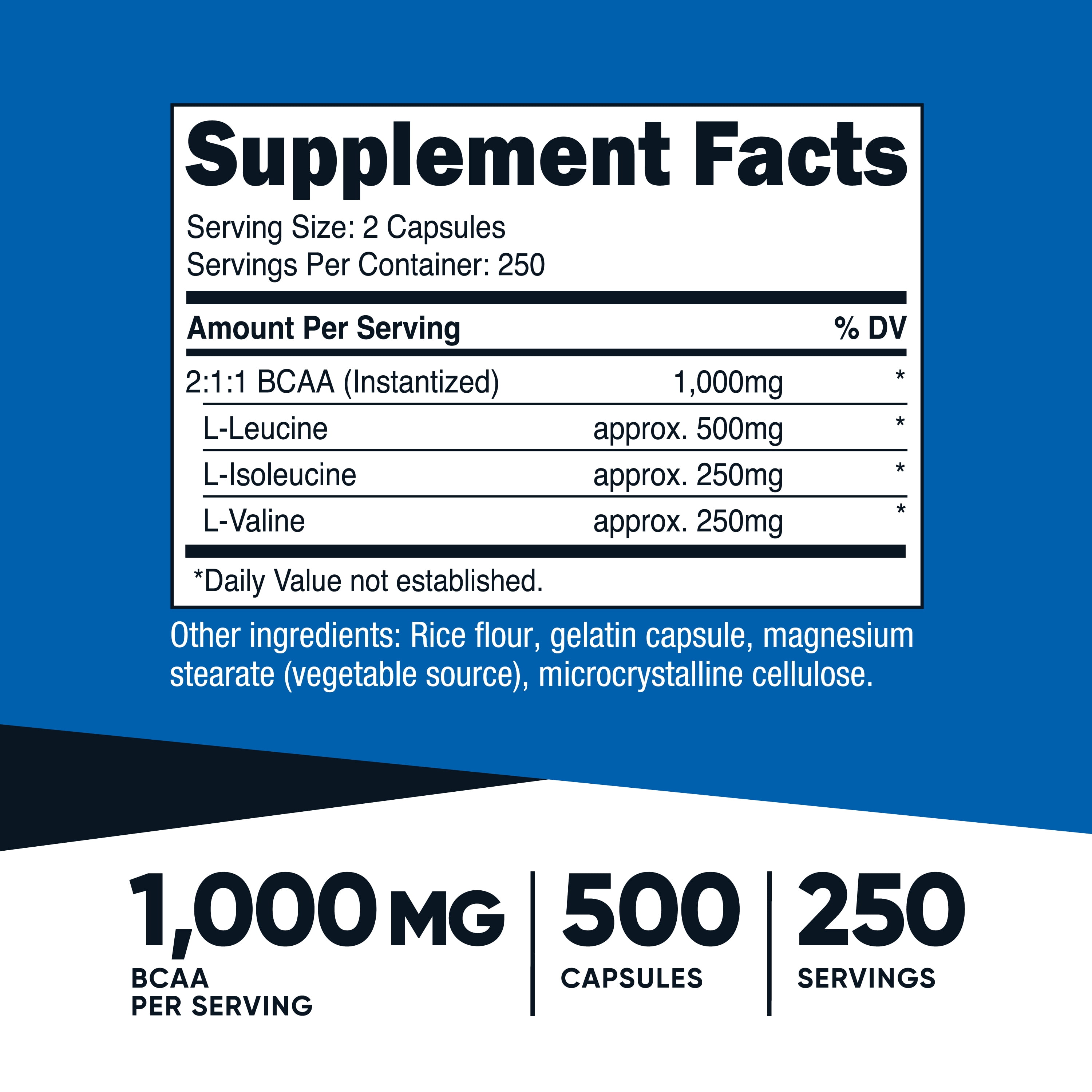 Nutricost BCAA 1000mg 500 Capsules 250 Serv Branched Chain Amino Acids