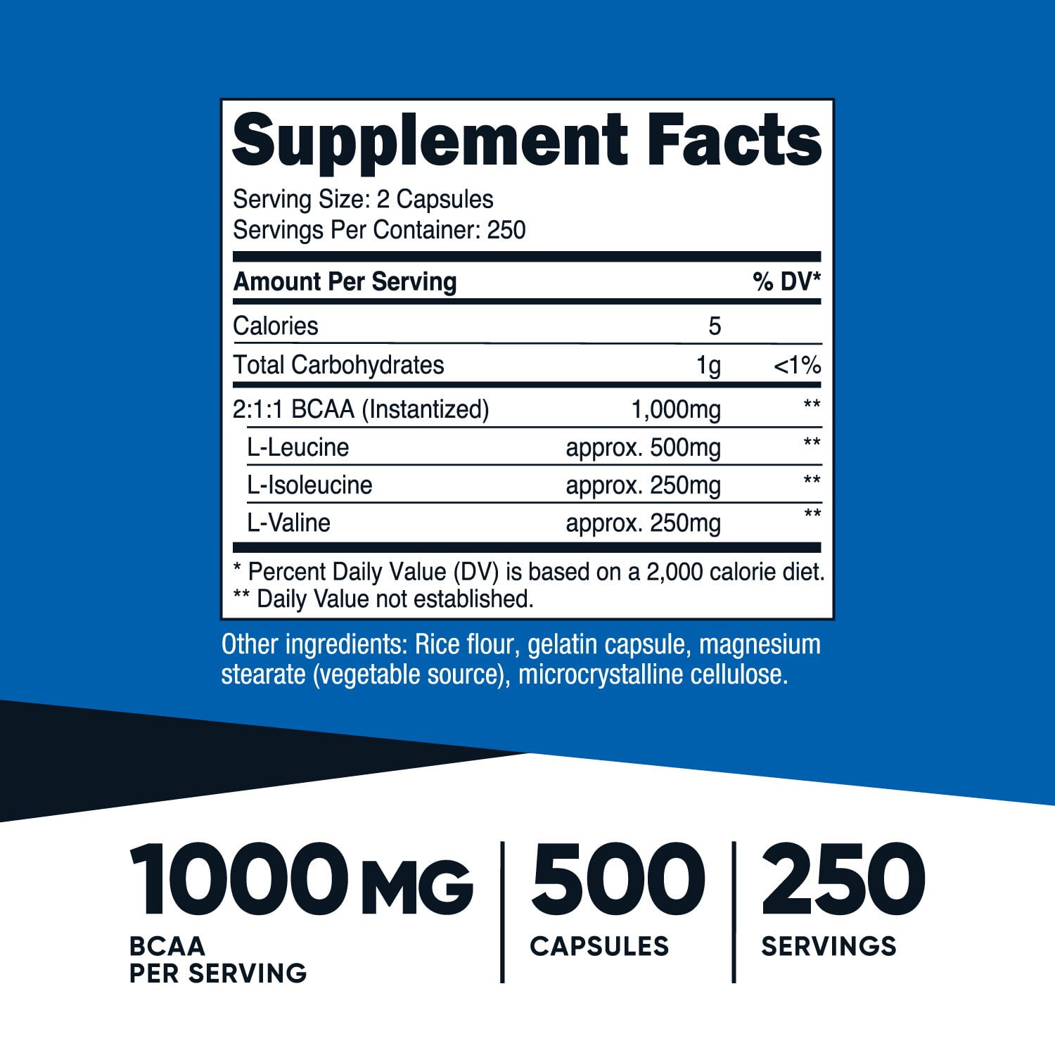 Nutricost BCAA 1000mg 500 Capsules 250 Serv Branched Chain Amino Acids