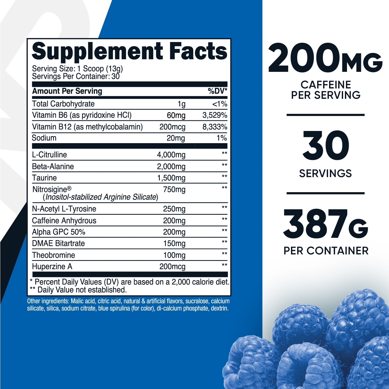 Nutricost Blue Raspberry Pre Workout Powder 30 Servings for Fitness - Beta-Alanine, Taurine, Amino Acids