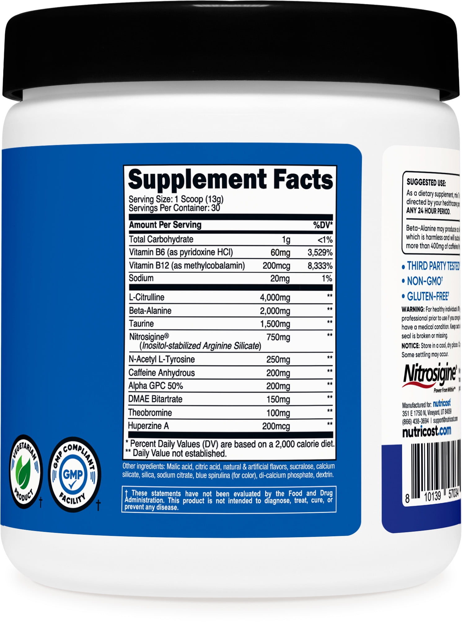 Nutricost Blue Raspberry Pre Workout Powder 30 Servings for Fitness - Beta-Alanine, Taurine, Amino Acids