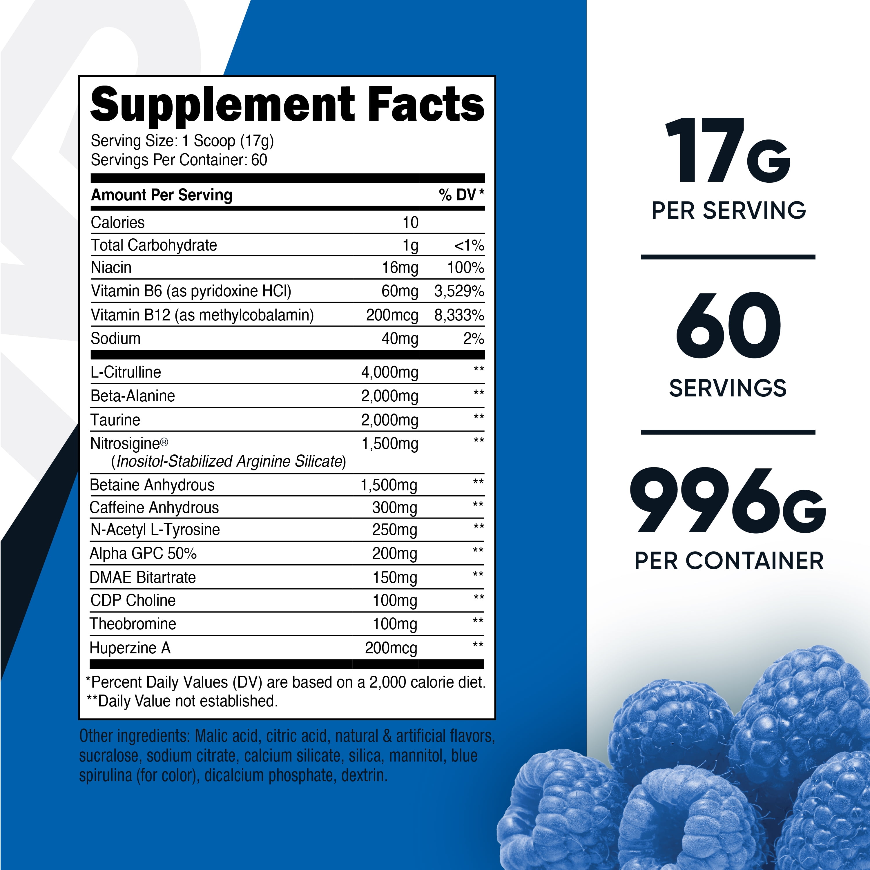 Nutricost Pre-X Xtreme Blue Raspberry Pre-Workout Powder 60 Servings Vegetarian Non-GMO Gluten Free