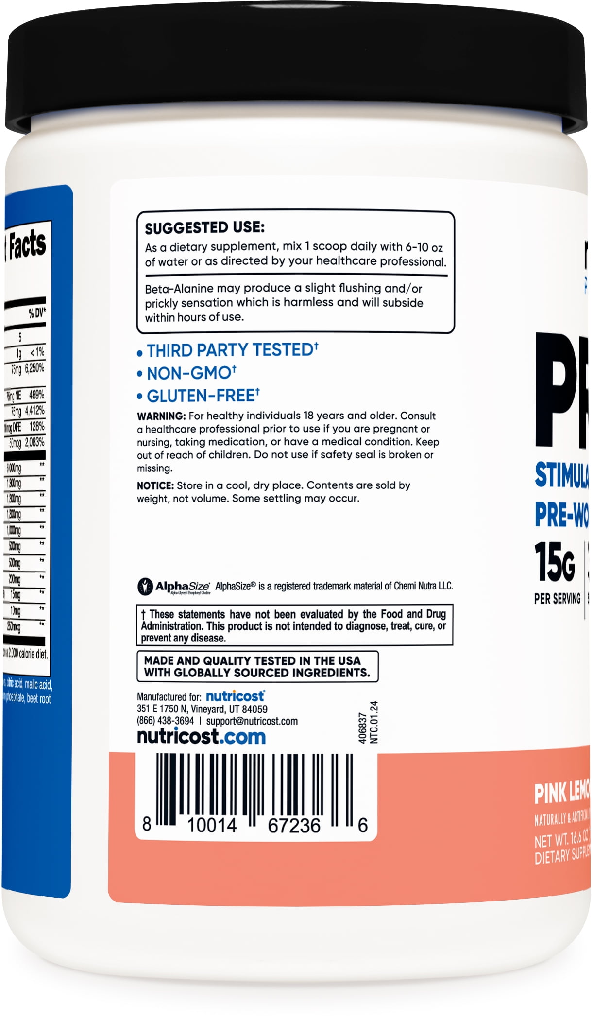 Nutricost Stimulant Free Pre Workout Powder 30 Servings Pink Lemonade Flavor