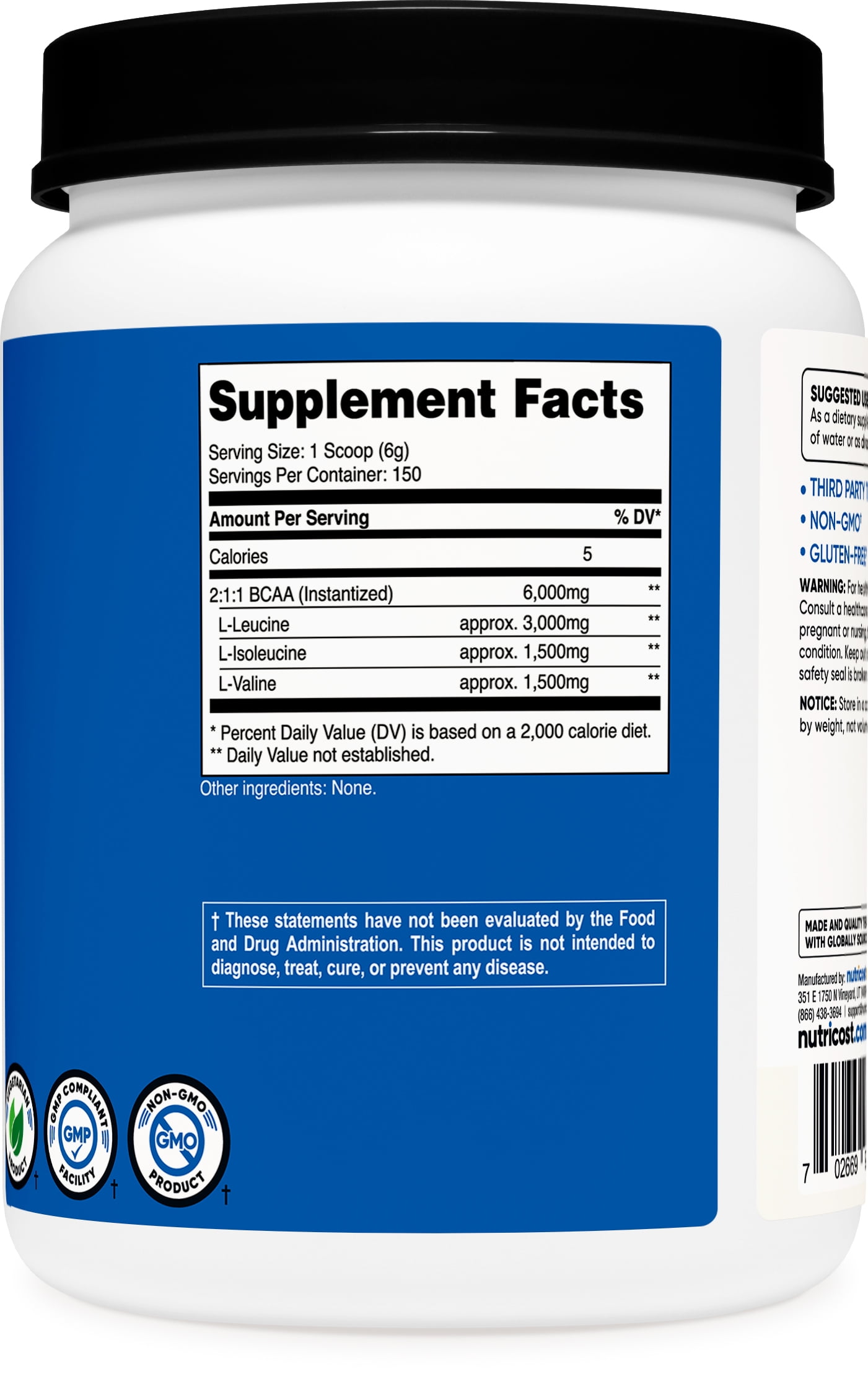 Nutricost BCAA Powder 2 1 1 Unflavored 150 Servings Amino Acid Supplement