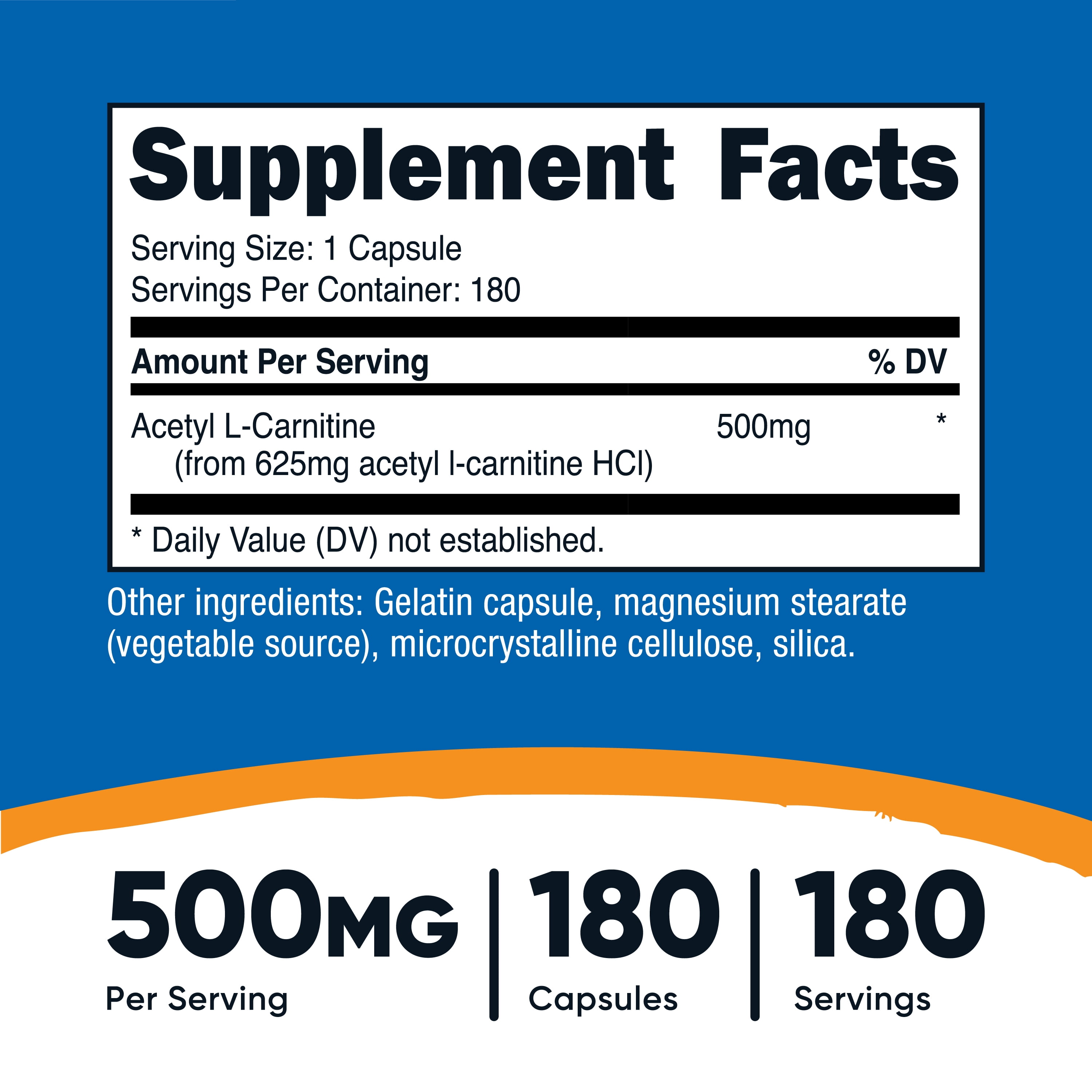 Nutricost Acetyl L-Carnitine 500mg 180 Capsules Non-GMO Gluten Free Supplement
