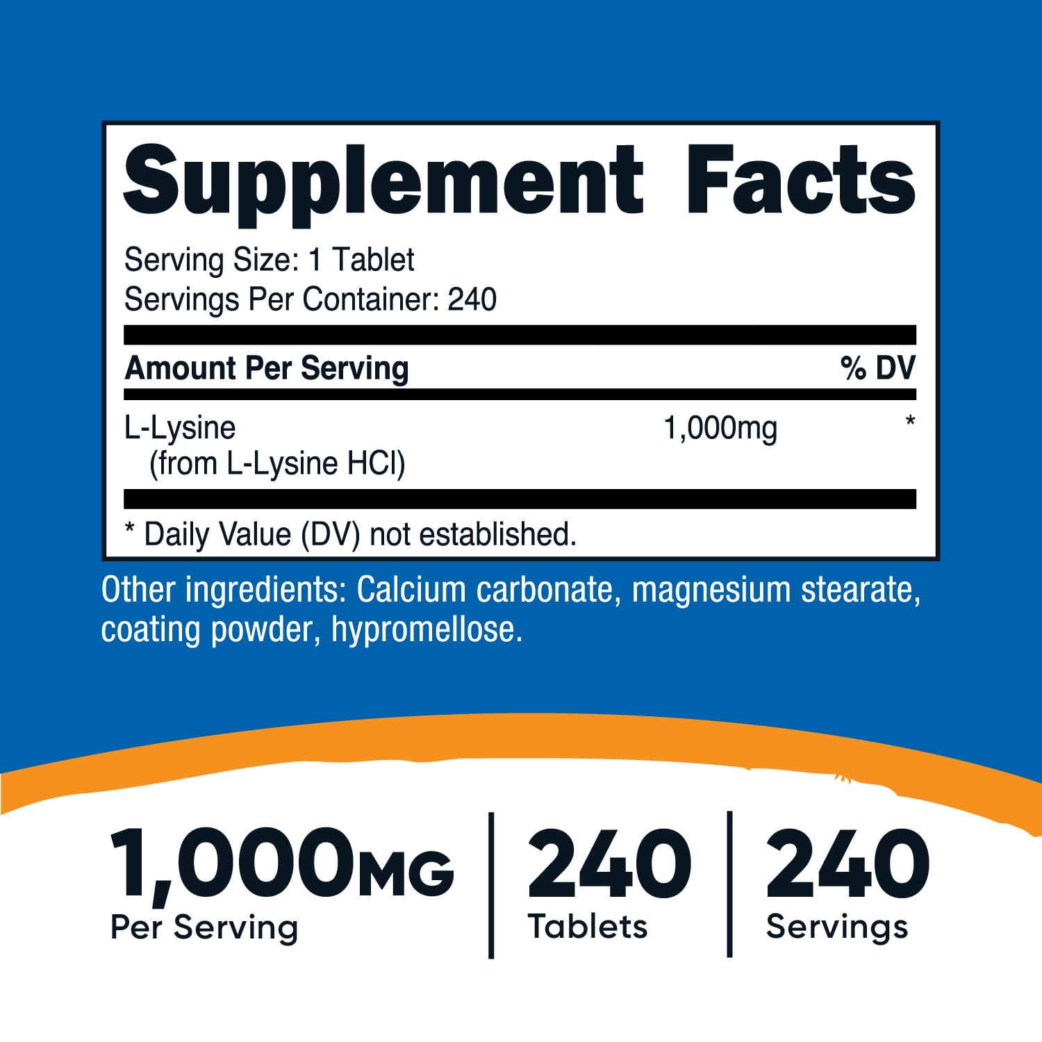 Nutricost Lysine 1000mg 240 Tablets Gluten