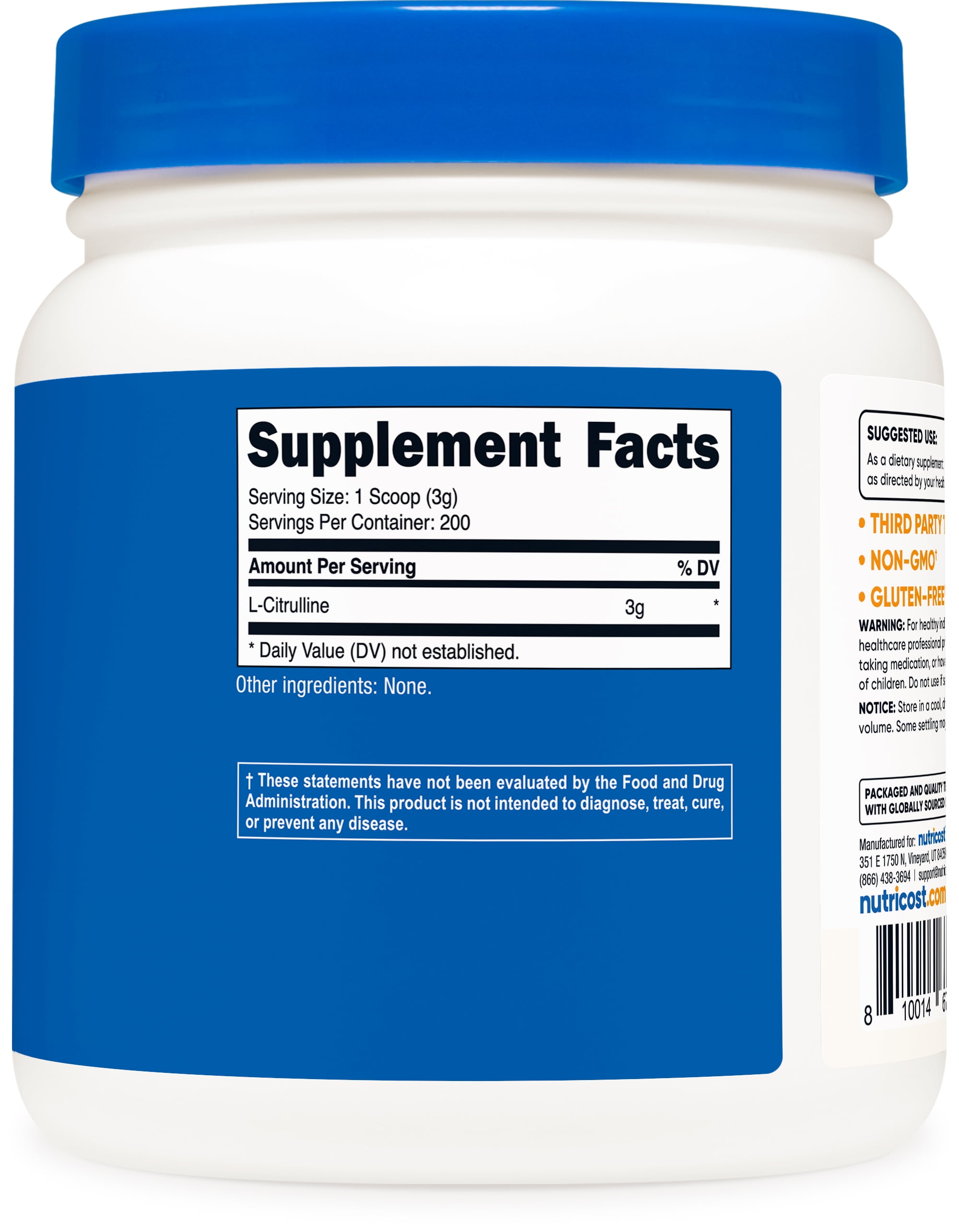Nutricost L-Citrulline Powder 600g - Malate-Free Non-GMO Supplement for Enhanced Performance
