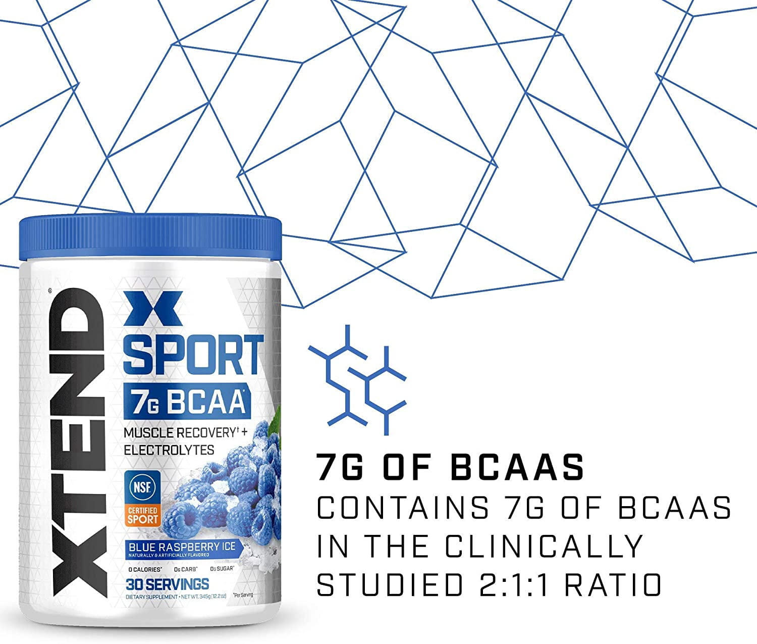 Xtend Sport 7g BCAA Powder Muscle Recovery Sugar Free Blue Raspberry Ice 30 Servings