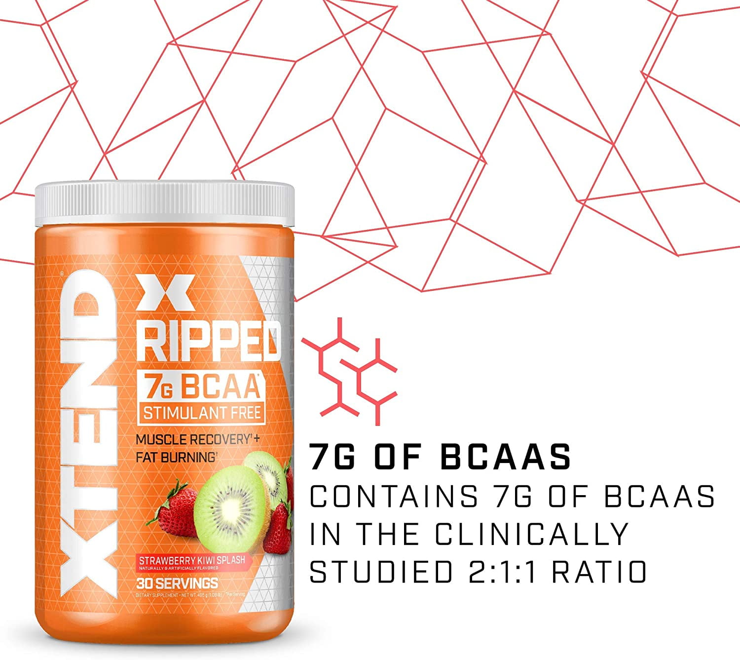 Xtend Ripped 7g BCAA Powder Muscle Recovery Sugar-Free Strawberry Kiwi Splash 30 Servings