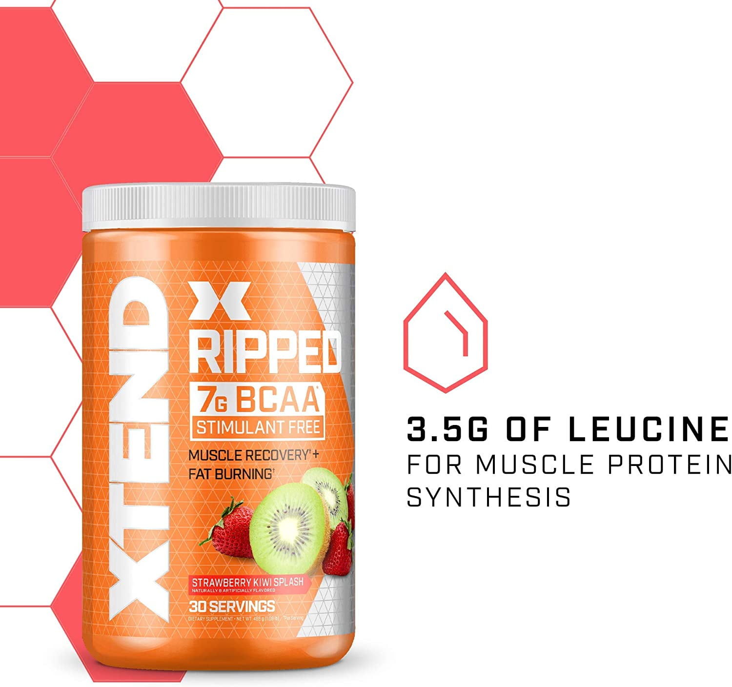 Xtend Ripped 7g BCAA Powder Muscle Recovery Sugar-Free Strawberry Kiwi Splash 30 Servings