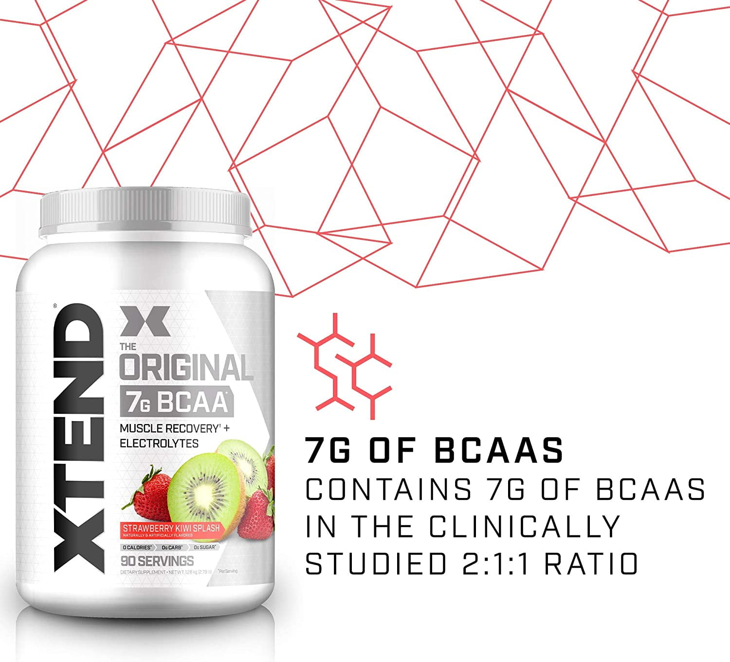 Xtend Original BCAA Powder 7G BCAA Sugar Free Post Workout Muscle Recovery Strawberry Kiwi Flavor 2.78 lb 1.26 kg 90 Servings