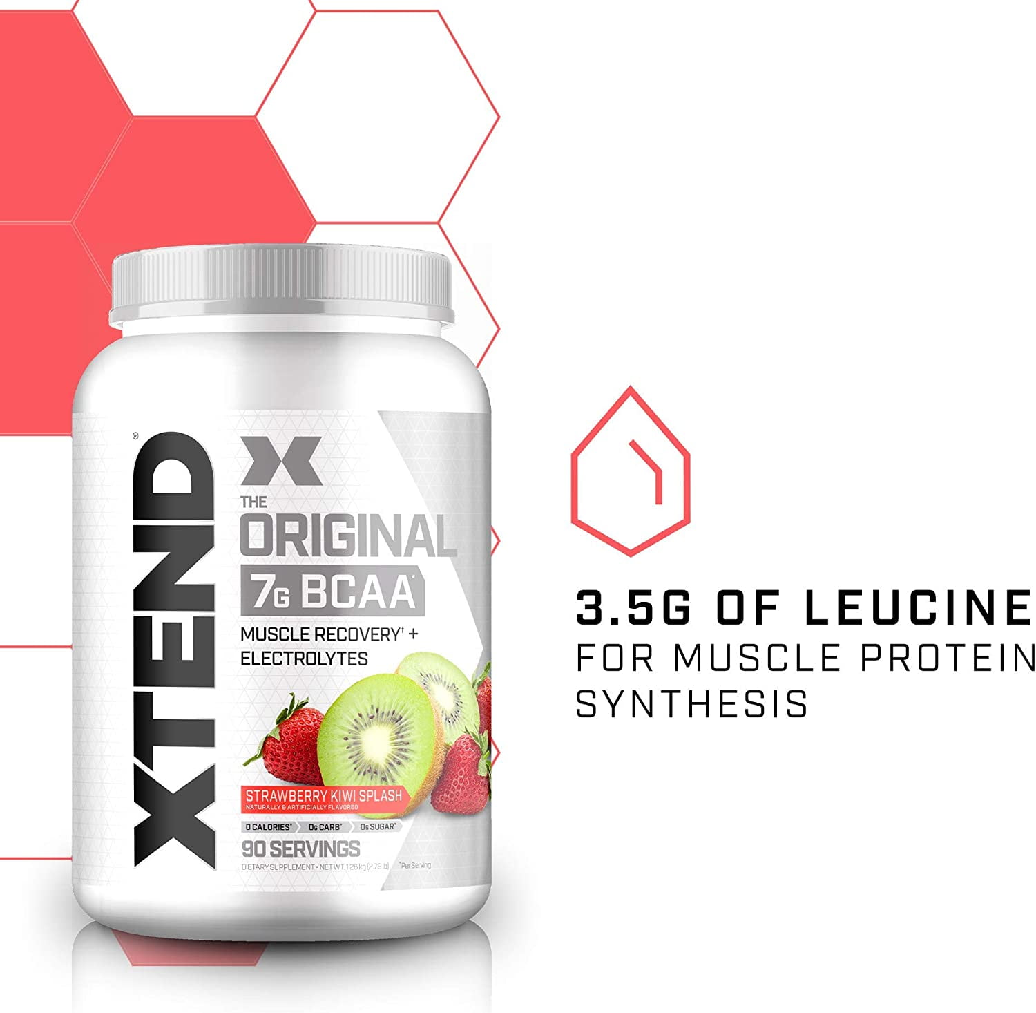 Xtend Original BCAA Powder 7G BCAA Sugar Free Post Workout Muscle Recovery Strawberry Kiwi Flavor 2.78 lb 1.26 kg 90 Servings