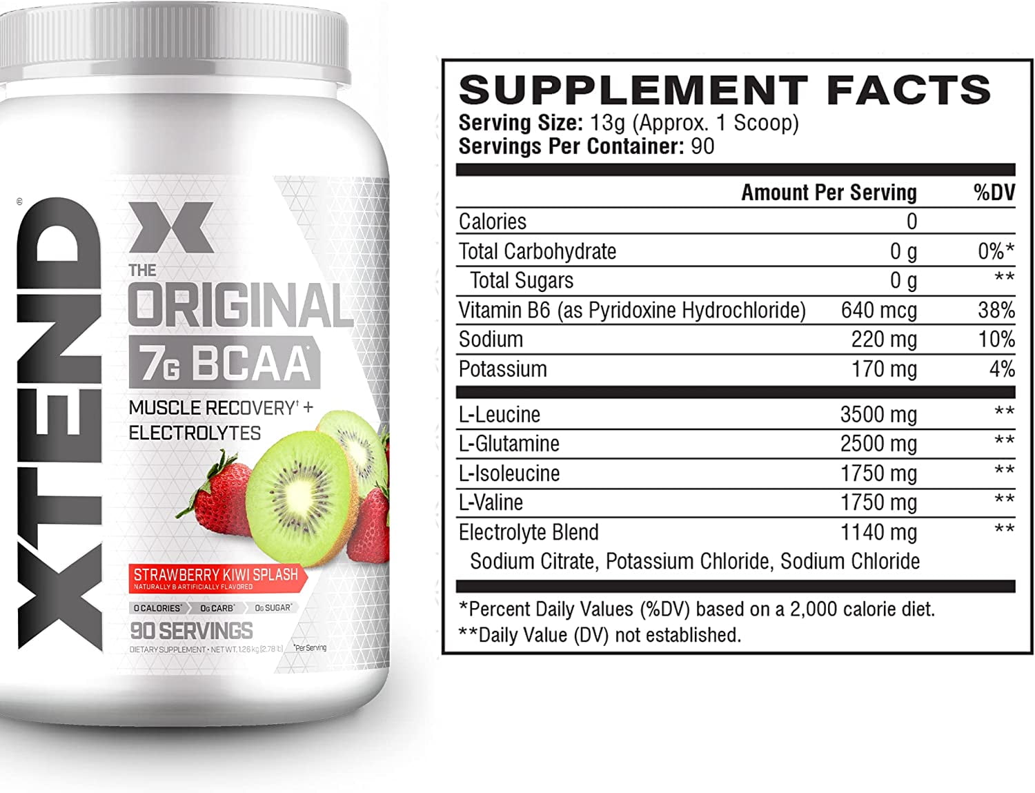 Xtend Original BCAA Powder 7G BCAA Sugar Free Post Workout Muscle Recovery Strawberry Kiwi Flavor 2.78 lb 1.26 kg 90 Servings