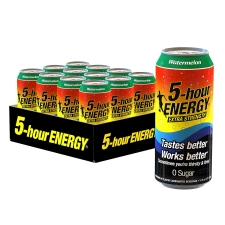 5-hour ENERGY Extra Strength Watermelon Energy Drink 16 oz Cans 12 Count Sugar-Free Zero Calories Vitamins Amino Acids Carbonation 230mg Caffeine