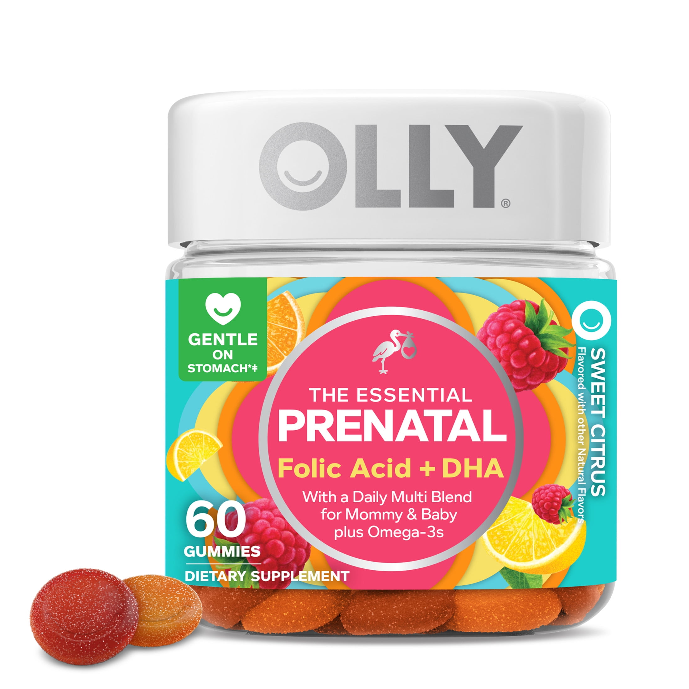 OLLY Prenatal Multivitamin Gummy Women Folic Acid Vitamin D Omega 3 DHA 60 Ct
