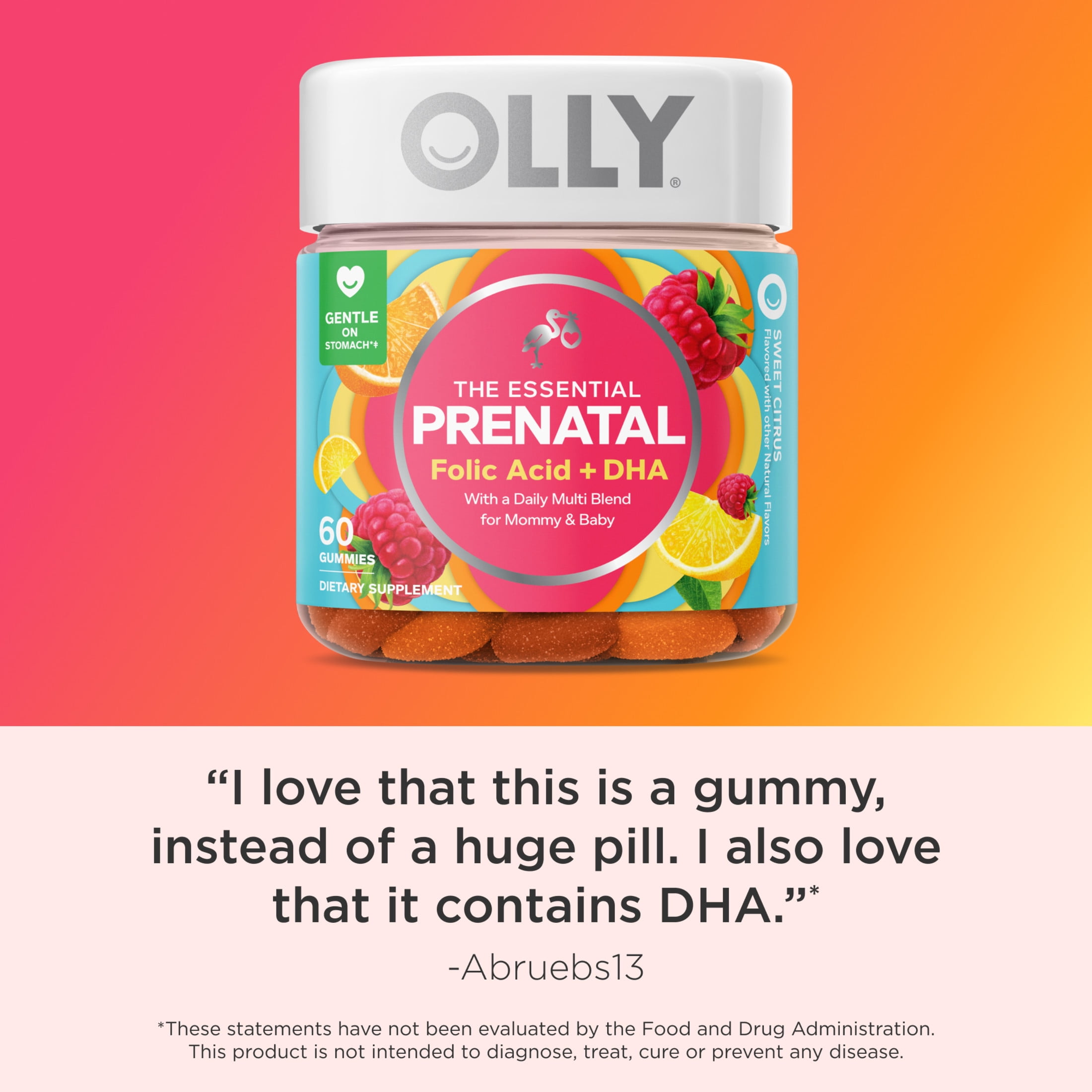 OLLY Prenatal Multivitamin Gummy Women Folic Acid Vitamin D Omega 3 DHA 60 Ct
