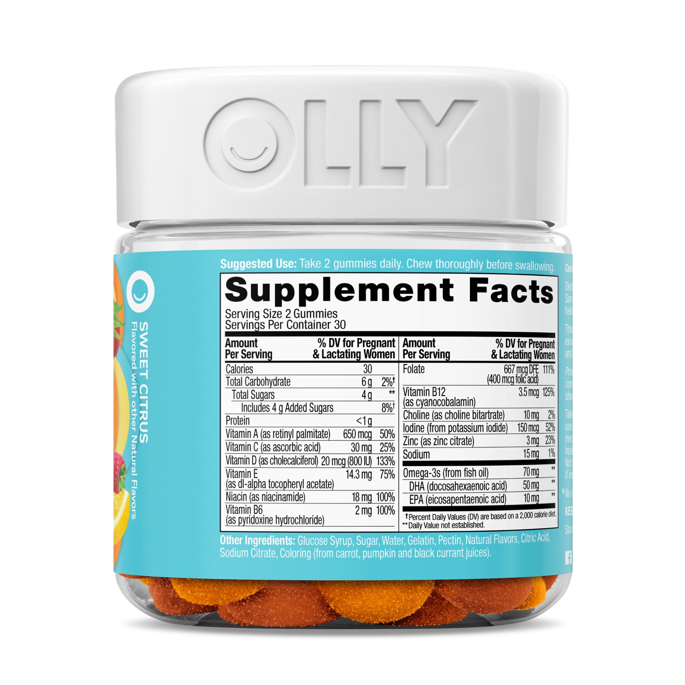 OLLY Prenatal Multivitamin Gummy Women Folic Acid Vitamin D Omega 3 DHA 60 Ct
