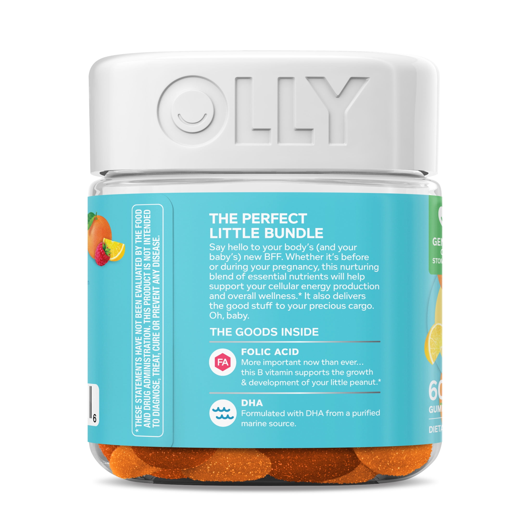 OLLY Prenatal Multivitamin Gummy Women Folic Acid Vitamin D Omega 3 DHA 60 Ct