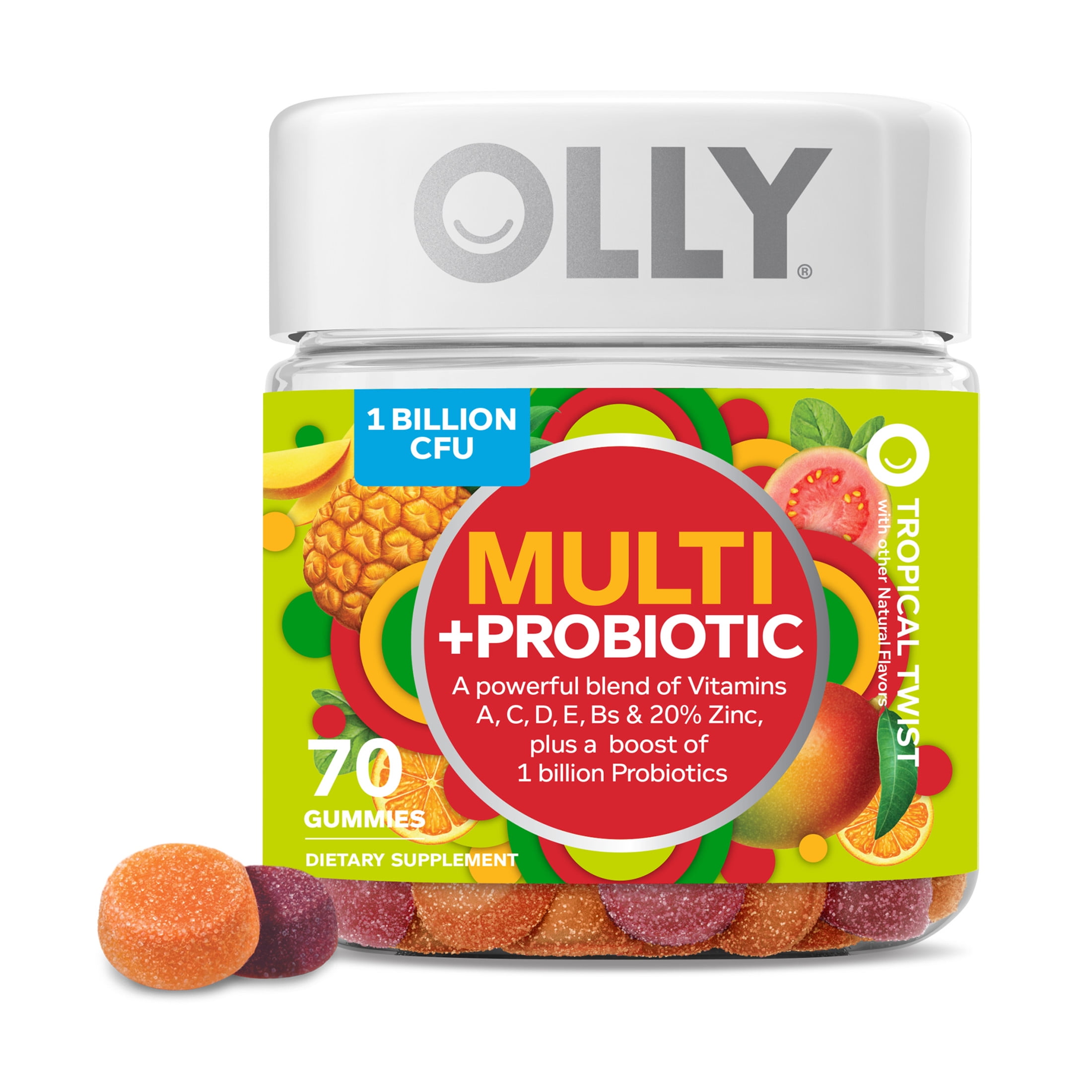 OLLY Adult Daily Multi Probiotic Gummy Digestive Supplement Zinc Antioxidants Tropical 70 Ct