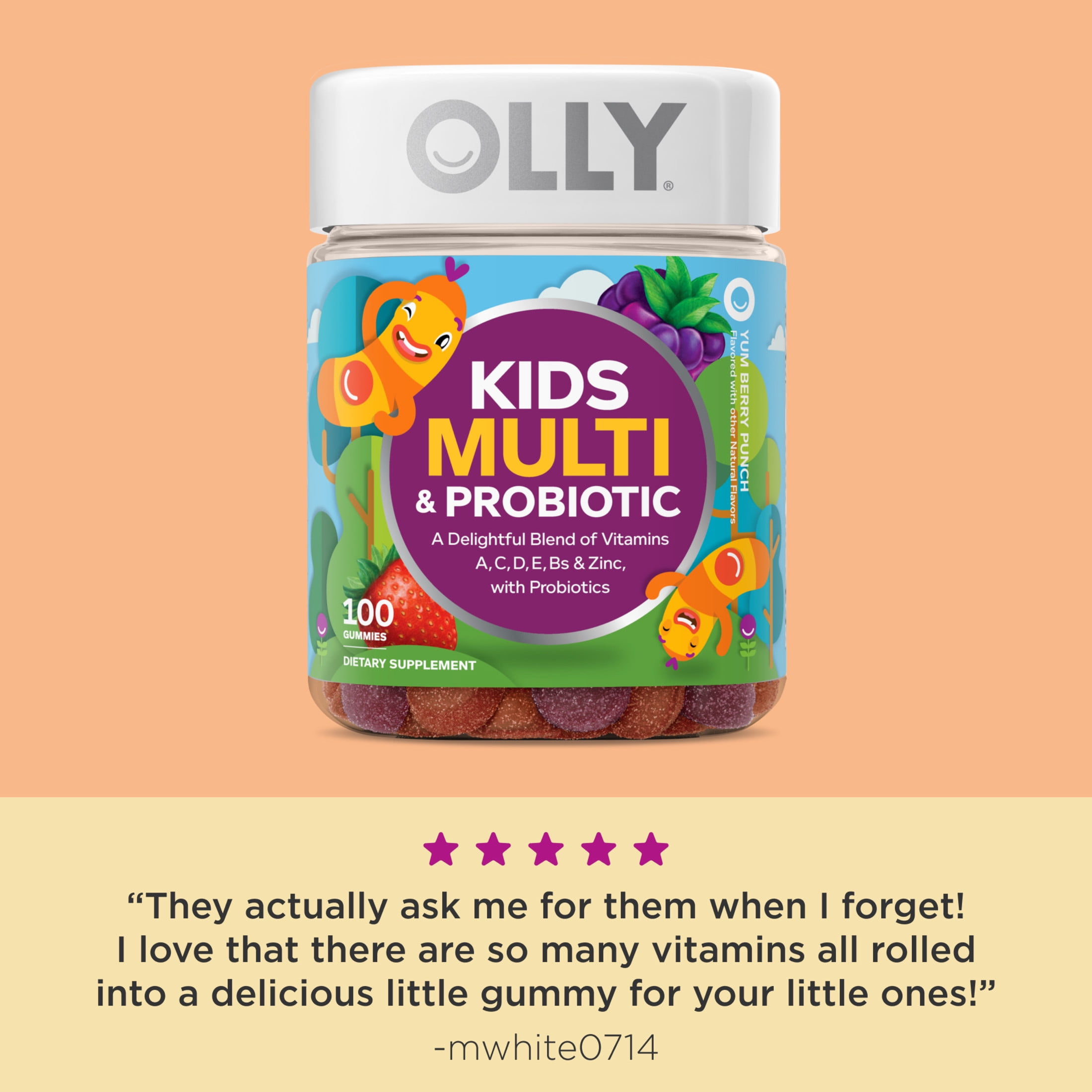 OLLY Kids Multivitamin Probiotic Gummy Daily Digestive Supplement Zinc Berry Flavor 100 Ct