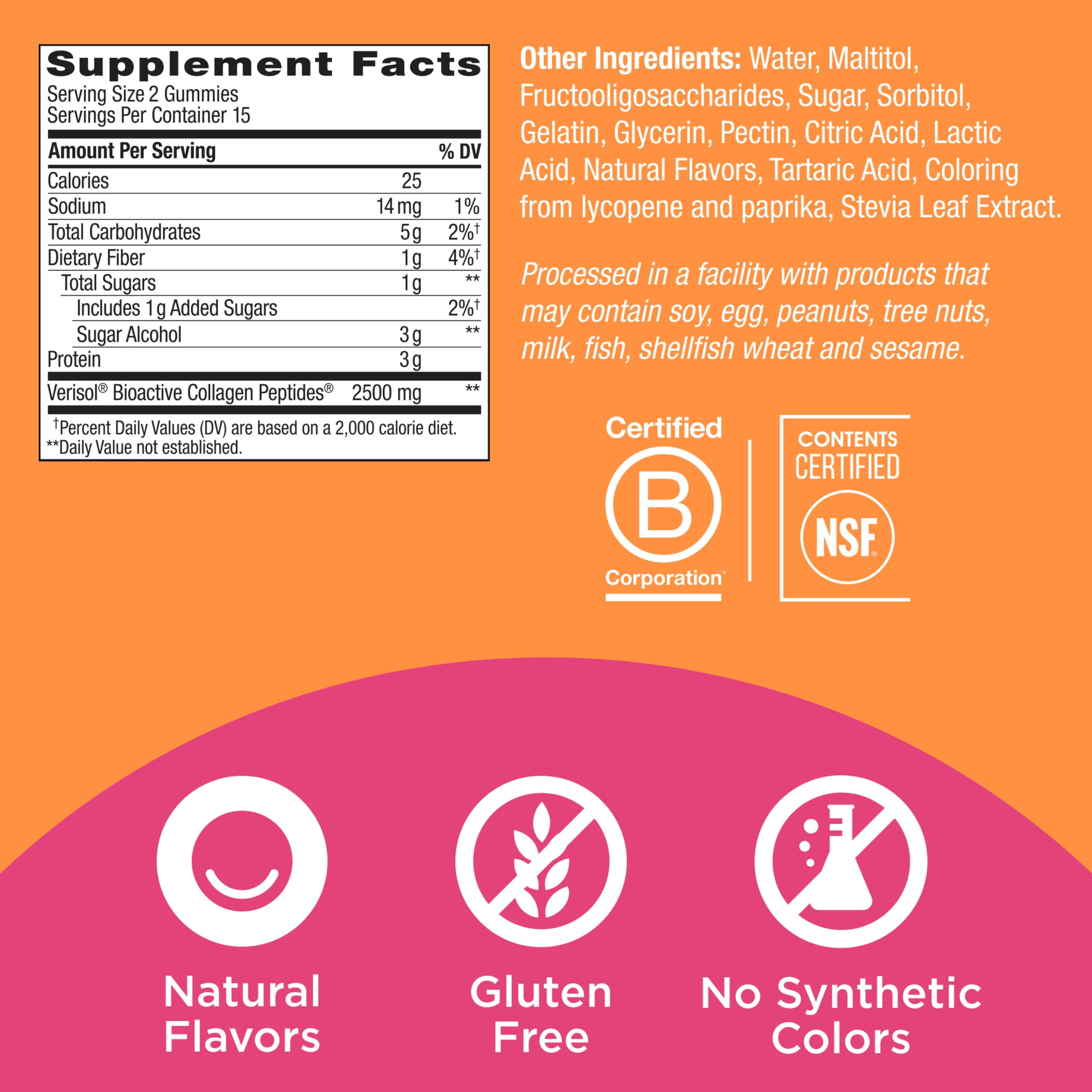 OLLY Collagen Gummy Rings Supplement Supports Skin Elasticity 2.5g Collagen Peach 30 Ct
