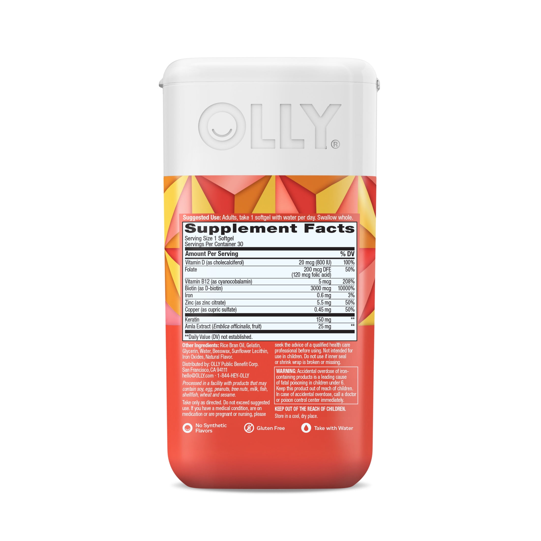 OLLY Ultra Strength Hair Softgel Biotin Keratin 30 Ct Hair Growth Supplement