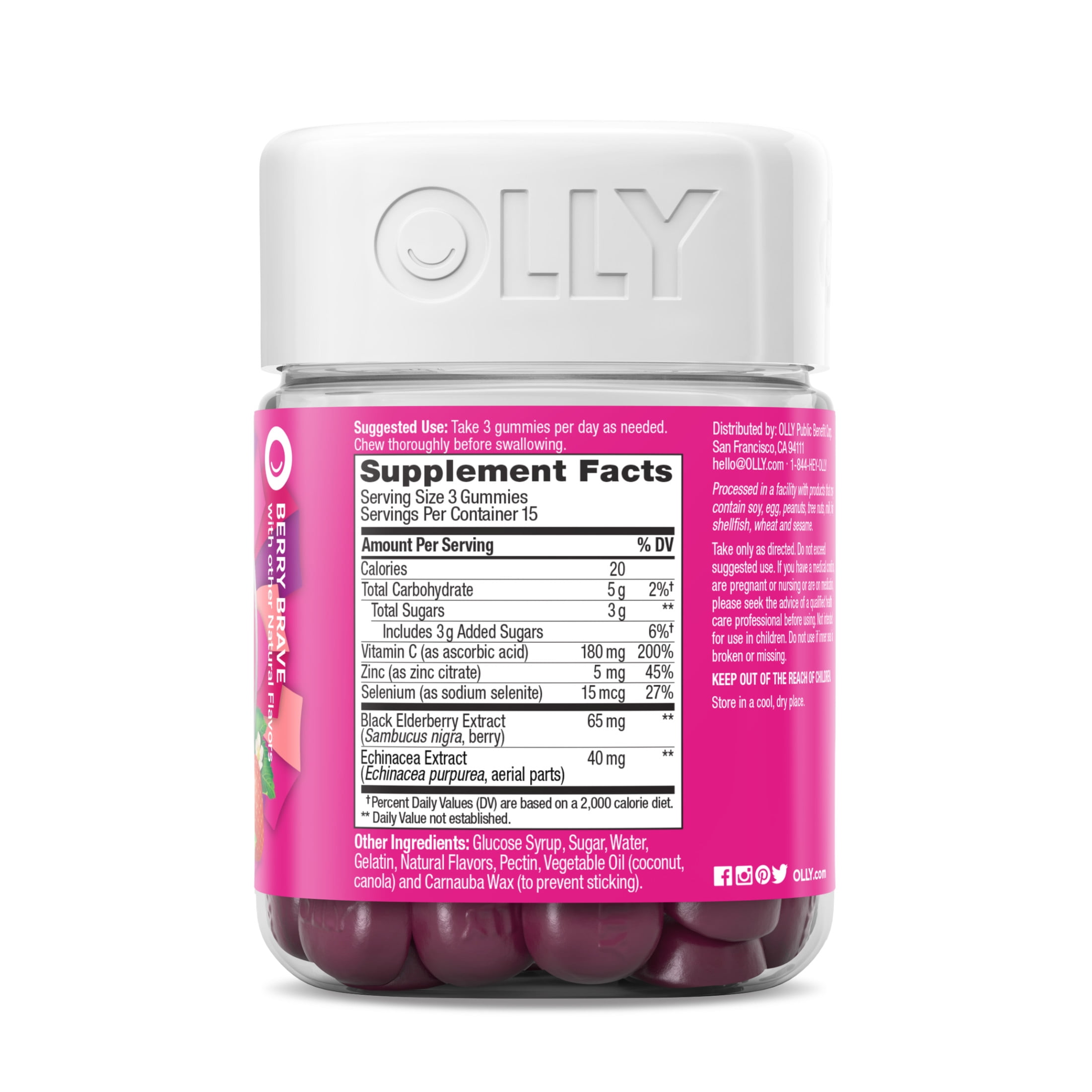 OLLY Immunity Gummy Elderberry Zinc Vitamin C Support Supplement Berry Flavor 45 Count