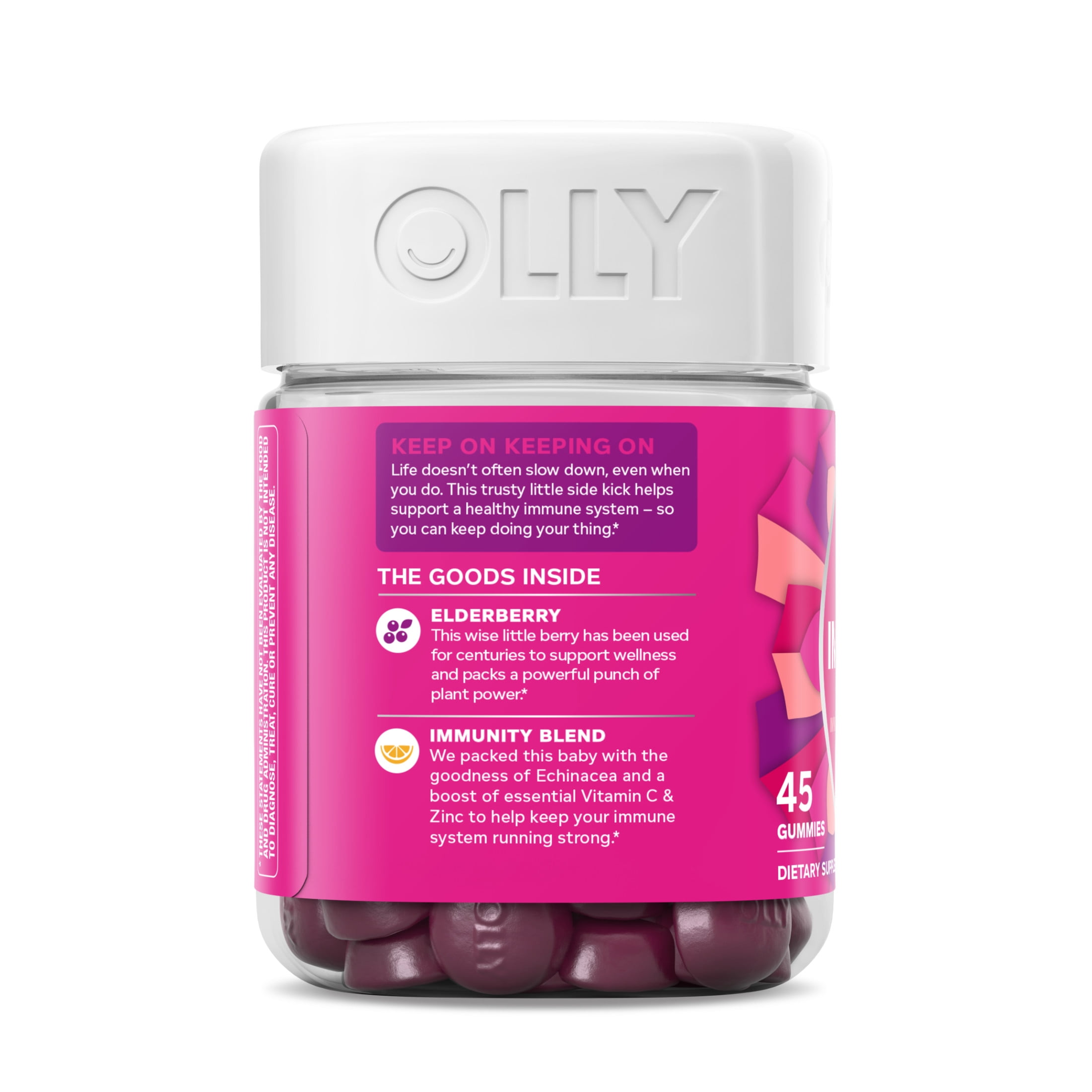 OLLY Immunity Gummy Elderberry Zinc Vitamin C Support Supplement Berry Flavor 45 Count