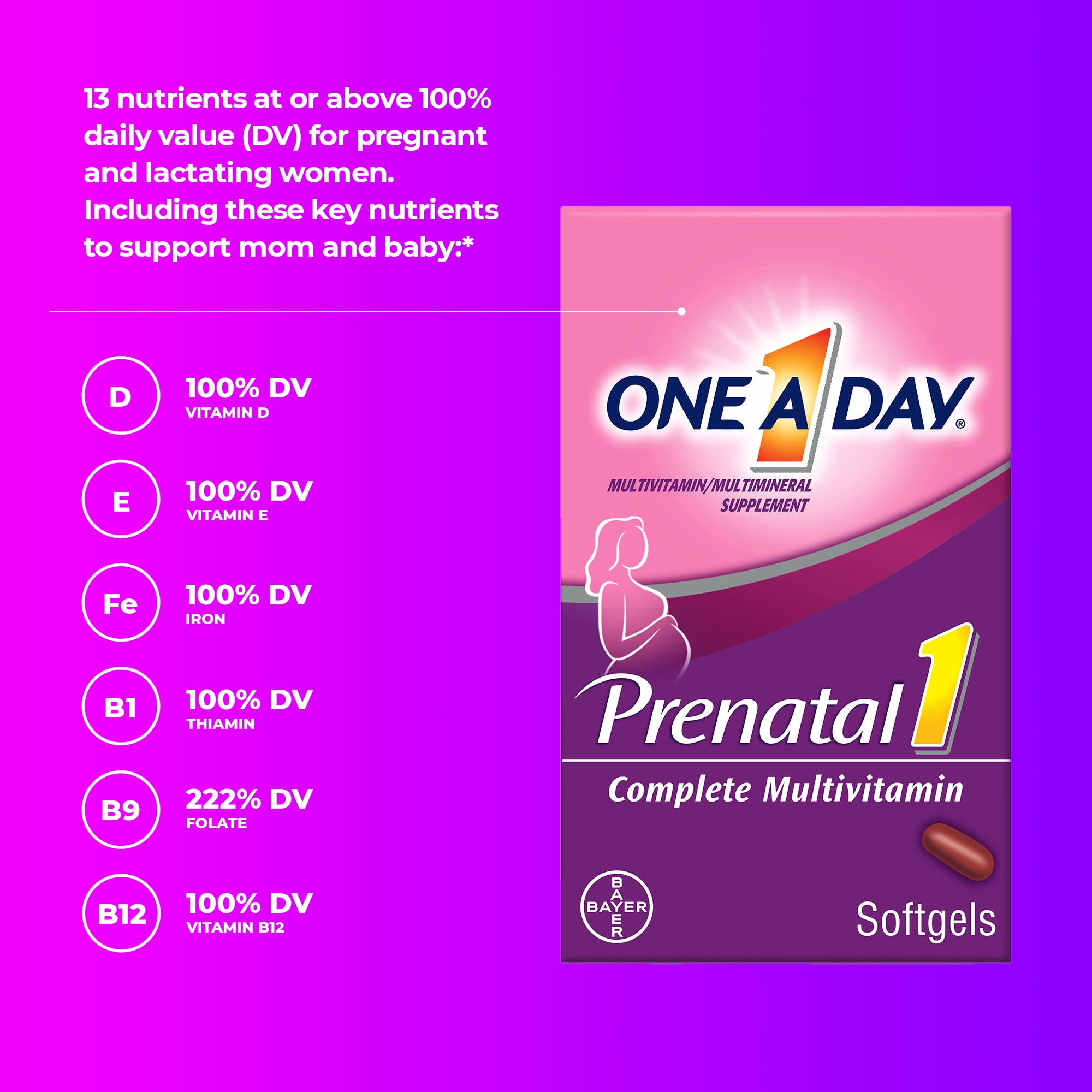 One A Day Women's Prenatal Multivitamin with Folic Acid DHA Iron 30 Ct