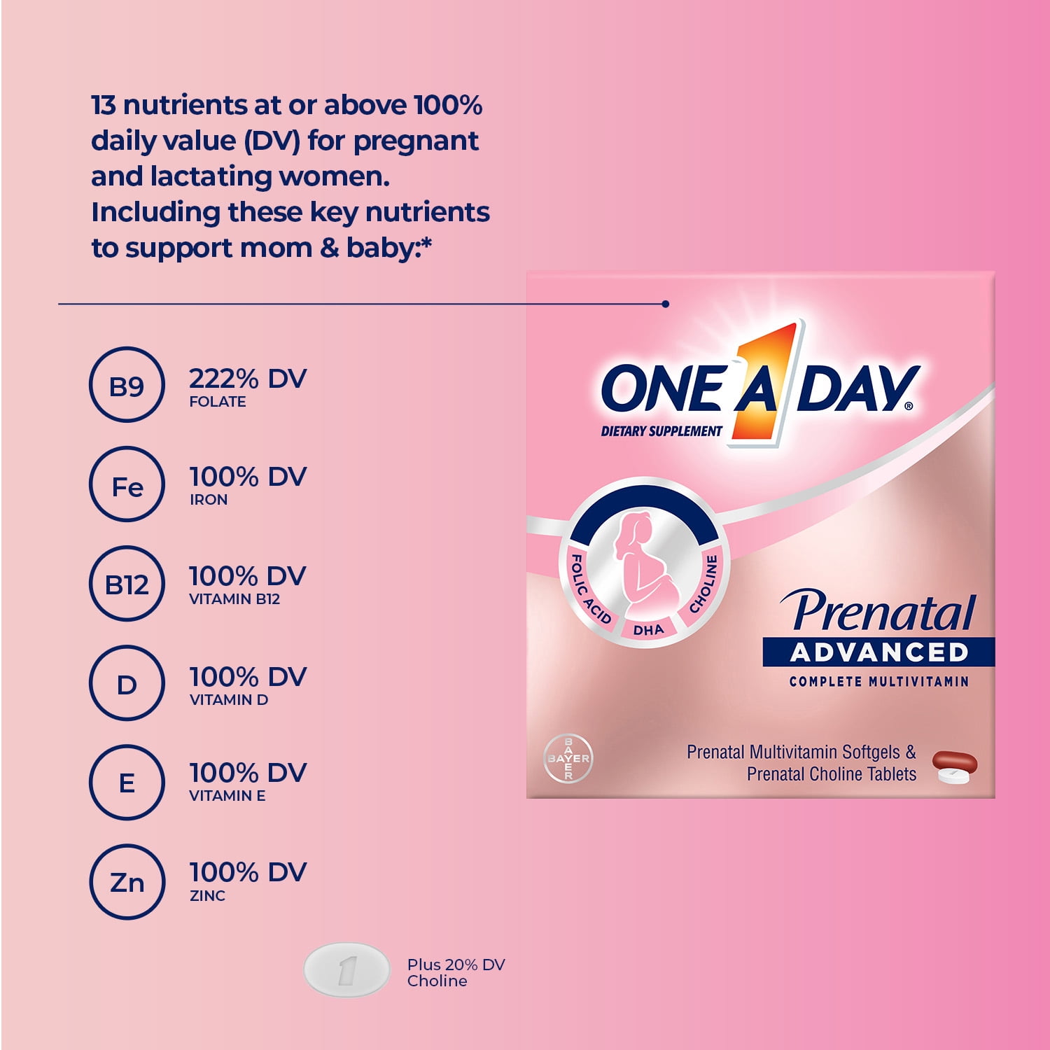 One A Day Advanced Prenatal Multivitamin with Choline 60+60 Count Pack