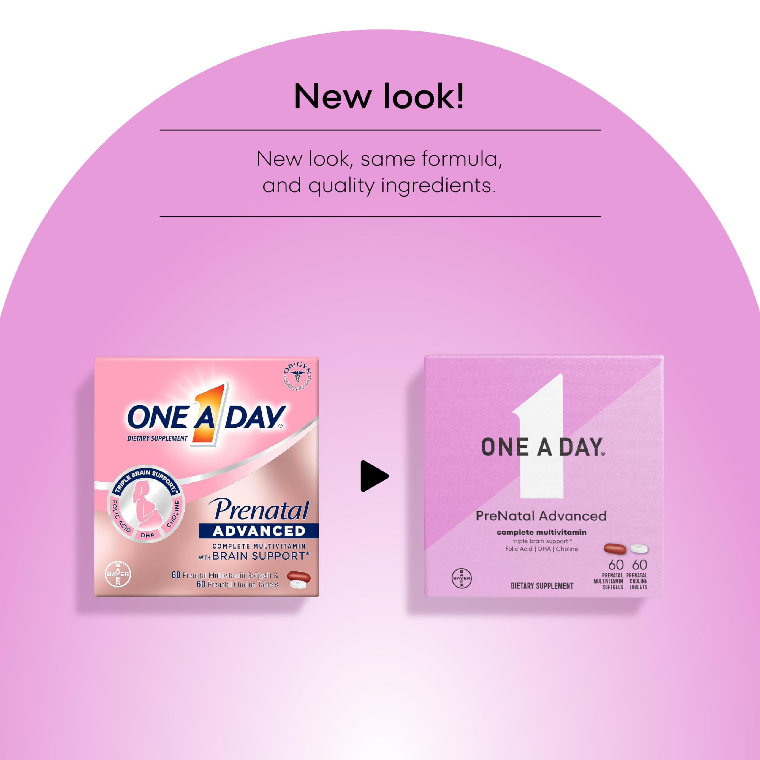 One A Day  Women's Prenatal Advanced Multivitamin with Brain Support Choline Folic Acid Omega-3 DHA Iron for Pregnancy 60+60 Ct 120 Total Packaging Varies