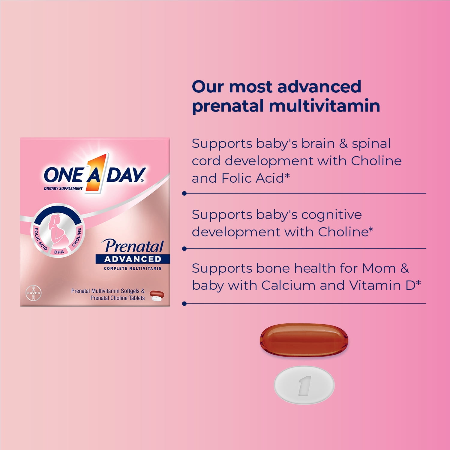 One A Day Advanced Prenatal Multivitamin with Choline 30 plus 30 Count 2 Pack